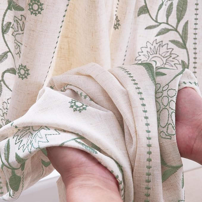 jinchan Winslow Linen Curtains 45 Inch Length Small Window Curtains Embroidered Bordered Floral Drapes Light Filtering for Bathroom Laundry Room Kitchen Farmhouse Decor Sage on Beige 2 Panels