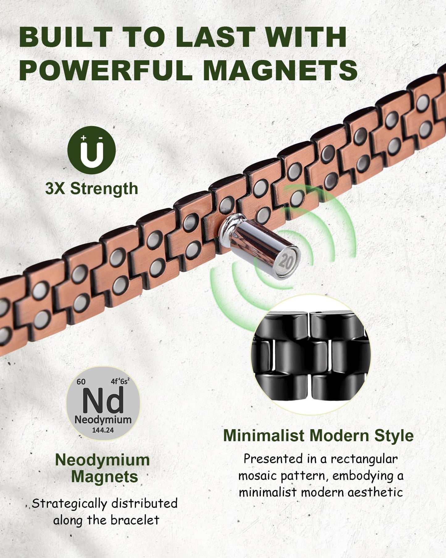 MagEnergy Mens Copper Magnetic Bracelets & Lymphatic Drainage Ring, 99.9% Pure Copper Bracelet with Double-Row Strength Magnets, Adjustable Jewelry with Sizing Tool