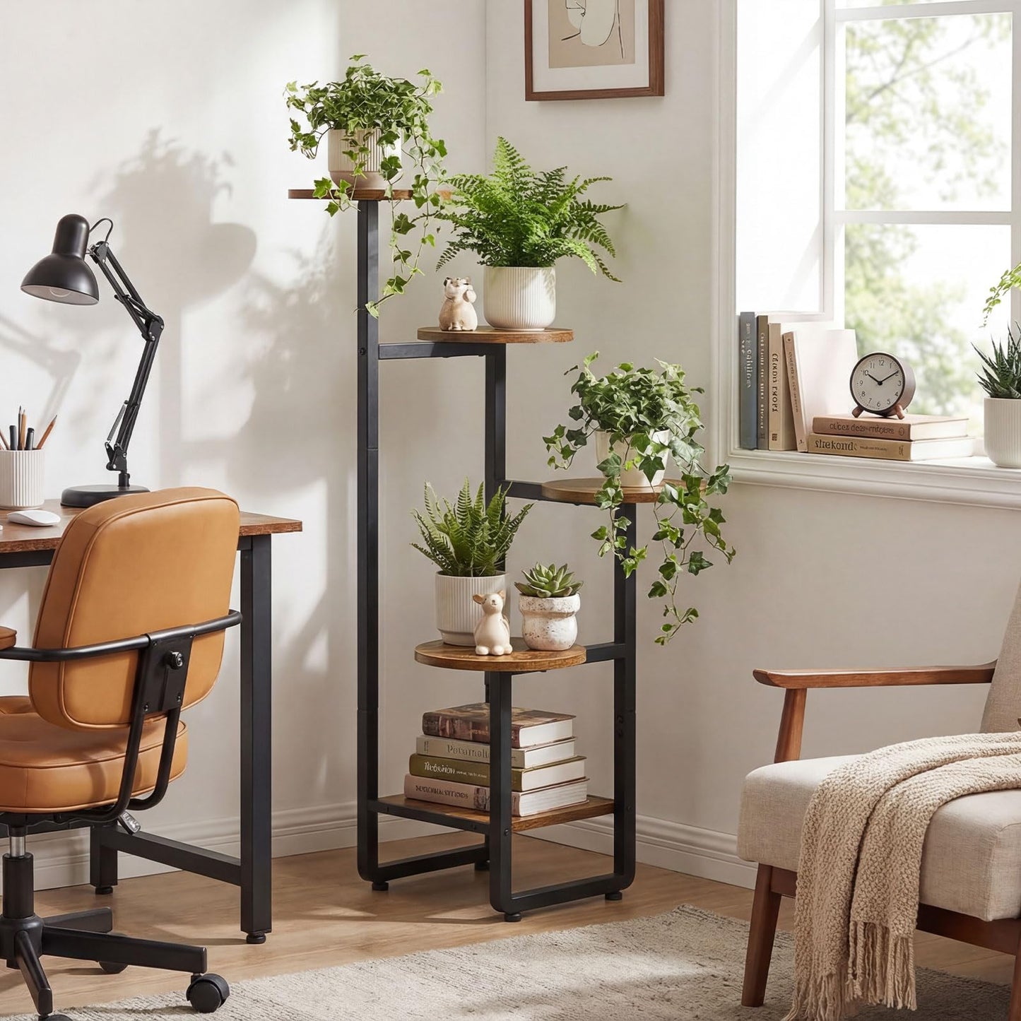 HOOBRO Round Side Table and Plant Stand Bundle, Drink Table with Pedestal Accent for Small Spaces, 5 Tiered Plant Shelf Flower Stand for Multiple Indoor Plants, BF168BZ01-BF07HJ01