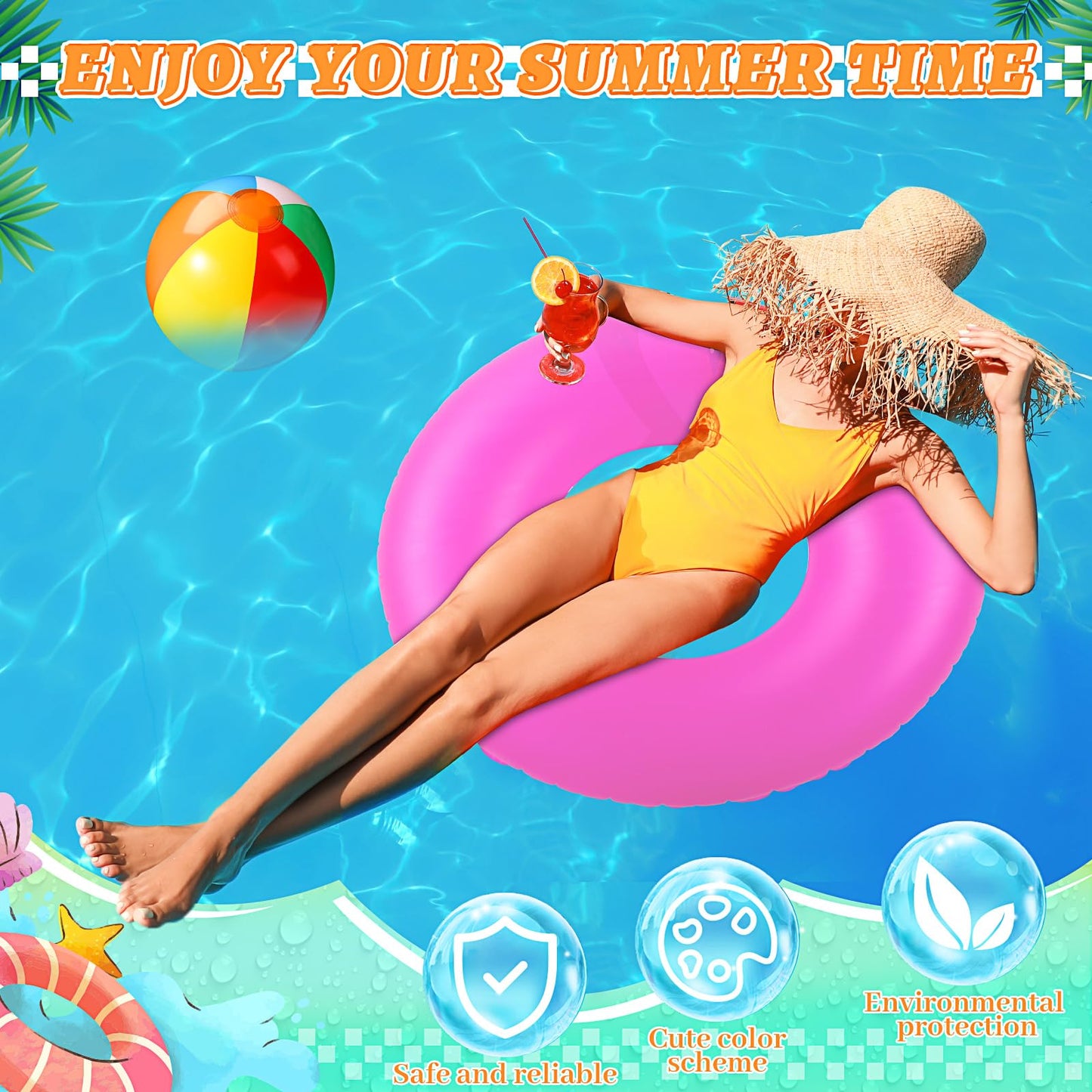 12 Sets Beach Floats, Including 6 Pcs 35 Inch Inflatable Pool Tube for Adults Swimming Rings 6 Pcs 12'' Beach Inflatable Balls for Vacation Decorations Summer Activity Party