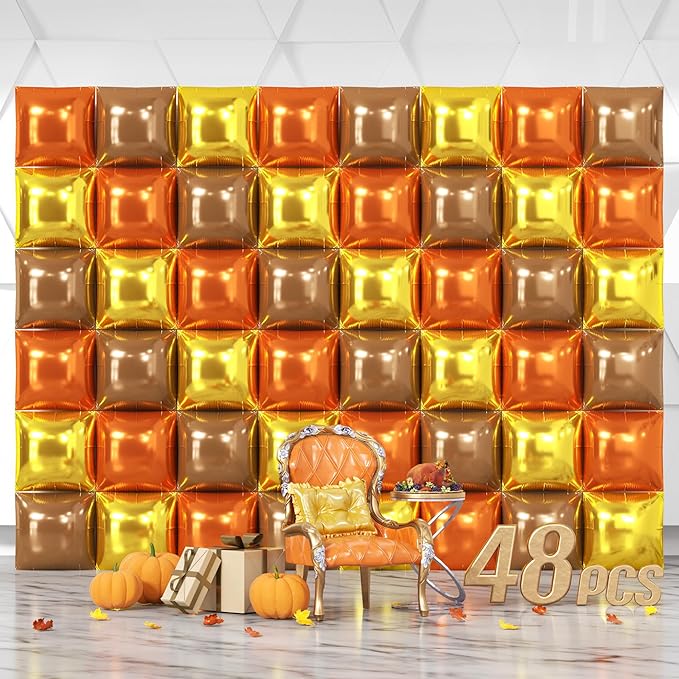 NISOCY 48PCS Orange Gold Brown Square Foil Balloons Wall Backdrop Metallic Autumn Fall Balloons Arch Kit for Thanksgiving Friendsgiving Birthday Halloween Baby Shower Fall Color Party Decorations