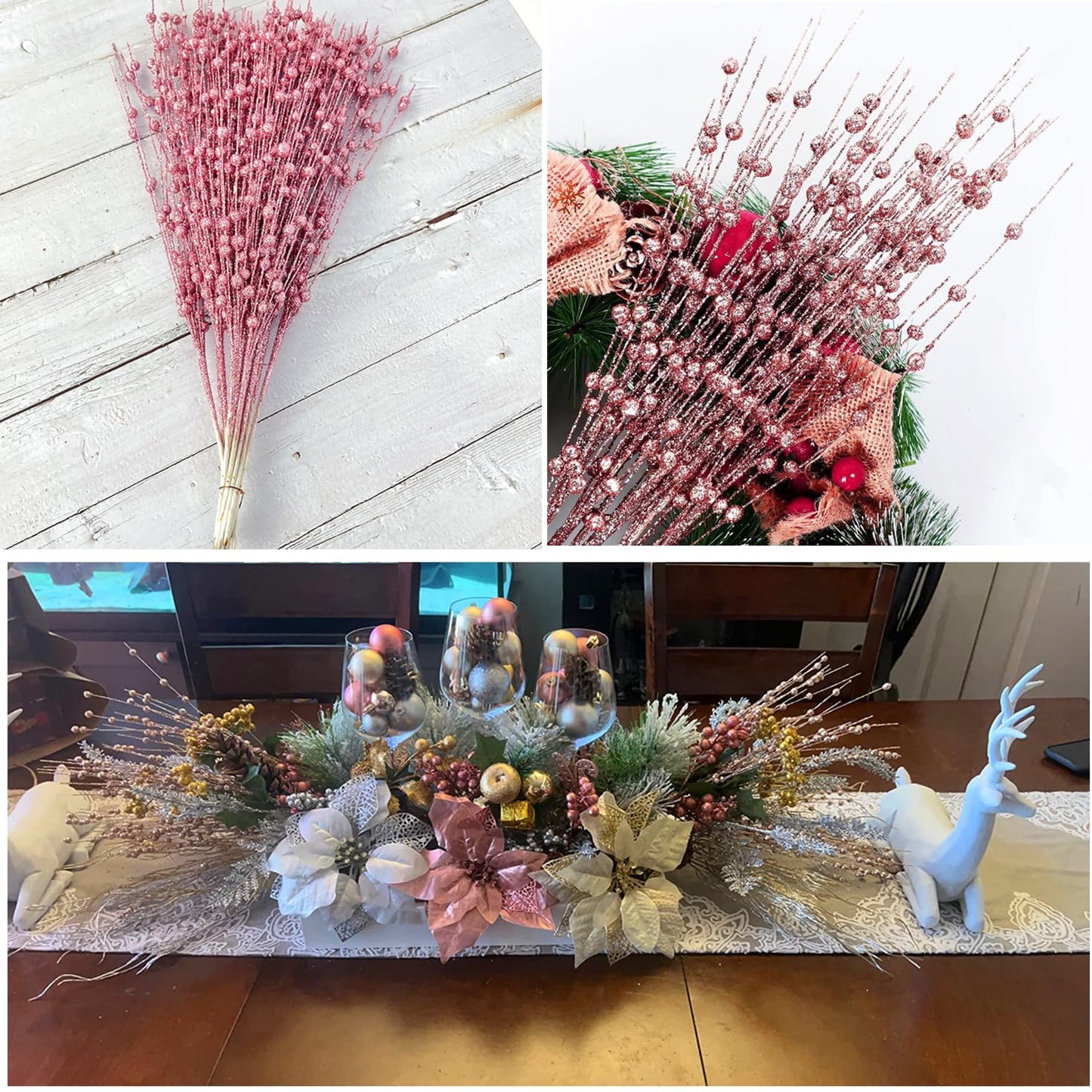 Artificial Glitter Berry Stem Ornaments 17” Decorative Faux Bright Berries Flowers Decorations Picks Bead Sticks Branches for Home Christmas Tree Decor DIY Wreath Crafts - Champagne Pink 10 Pack