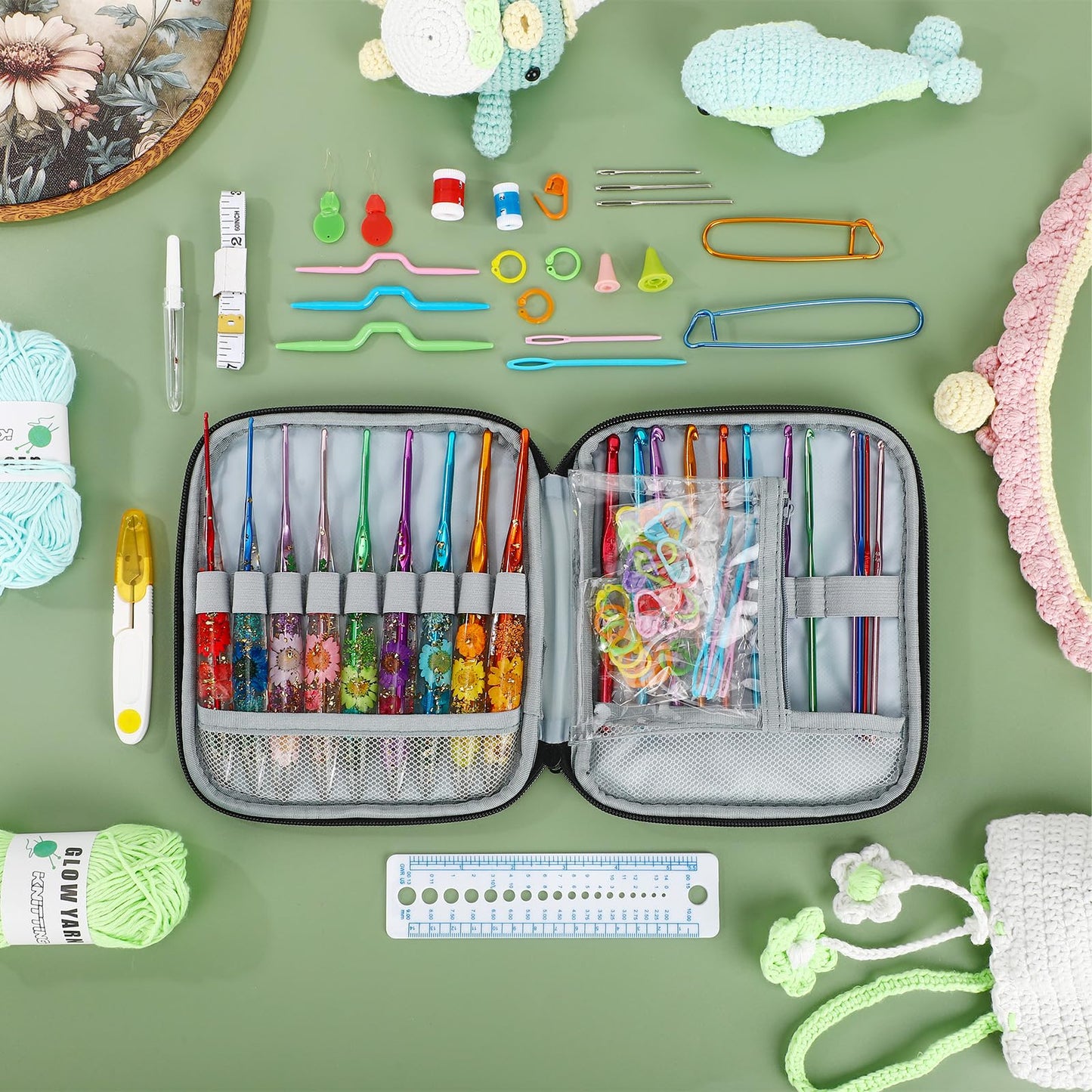 Riceshoot 86 Pcs Crochet Hook Set, 2.0mm-8.0mm Ergonomic Crochet Hooks with Long Floral Handle for Beginners Crocheting Lovers, Includes Storage Bag and Other Accessories
