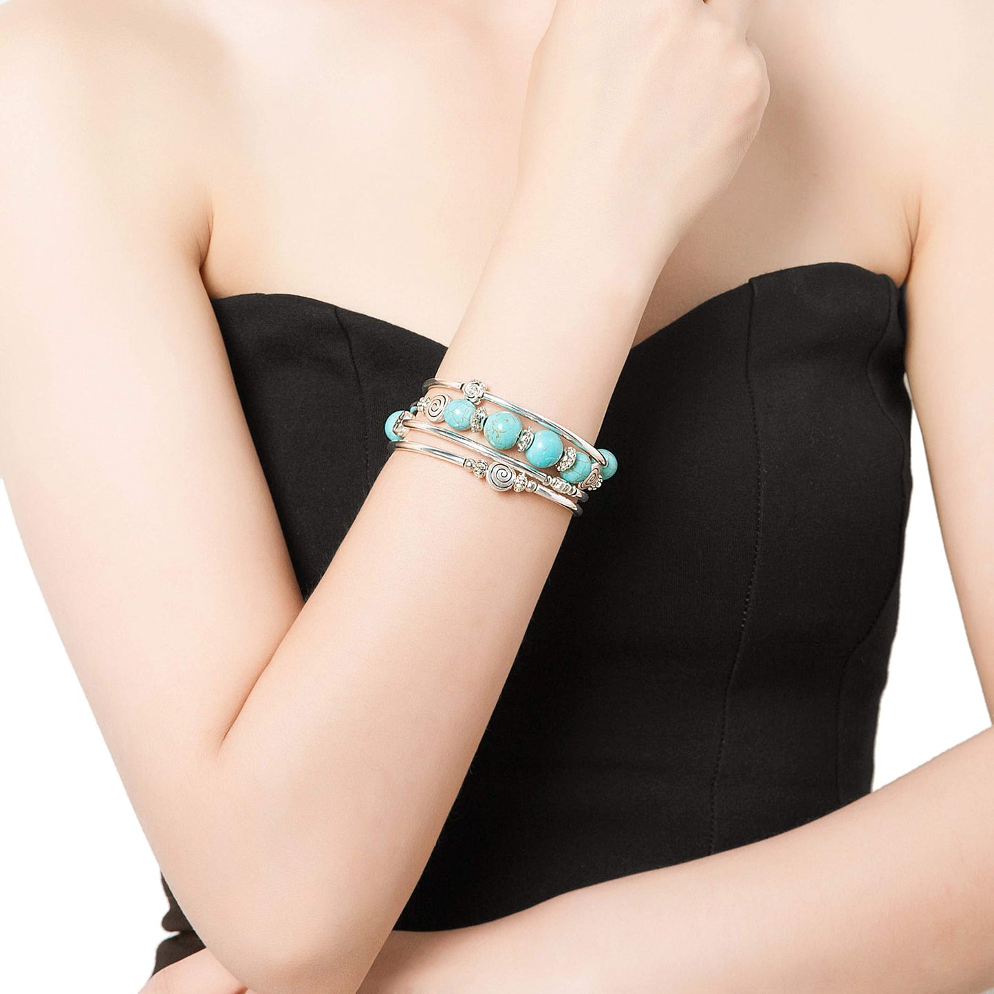 BULINLIN Bead Wrap Bangle Pearl Bracelet - Silver Metal Bracelet Gifts For Women(02-Turquoise)