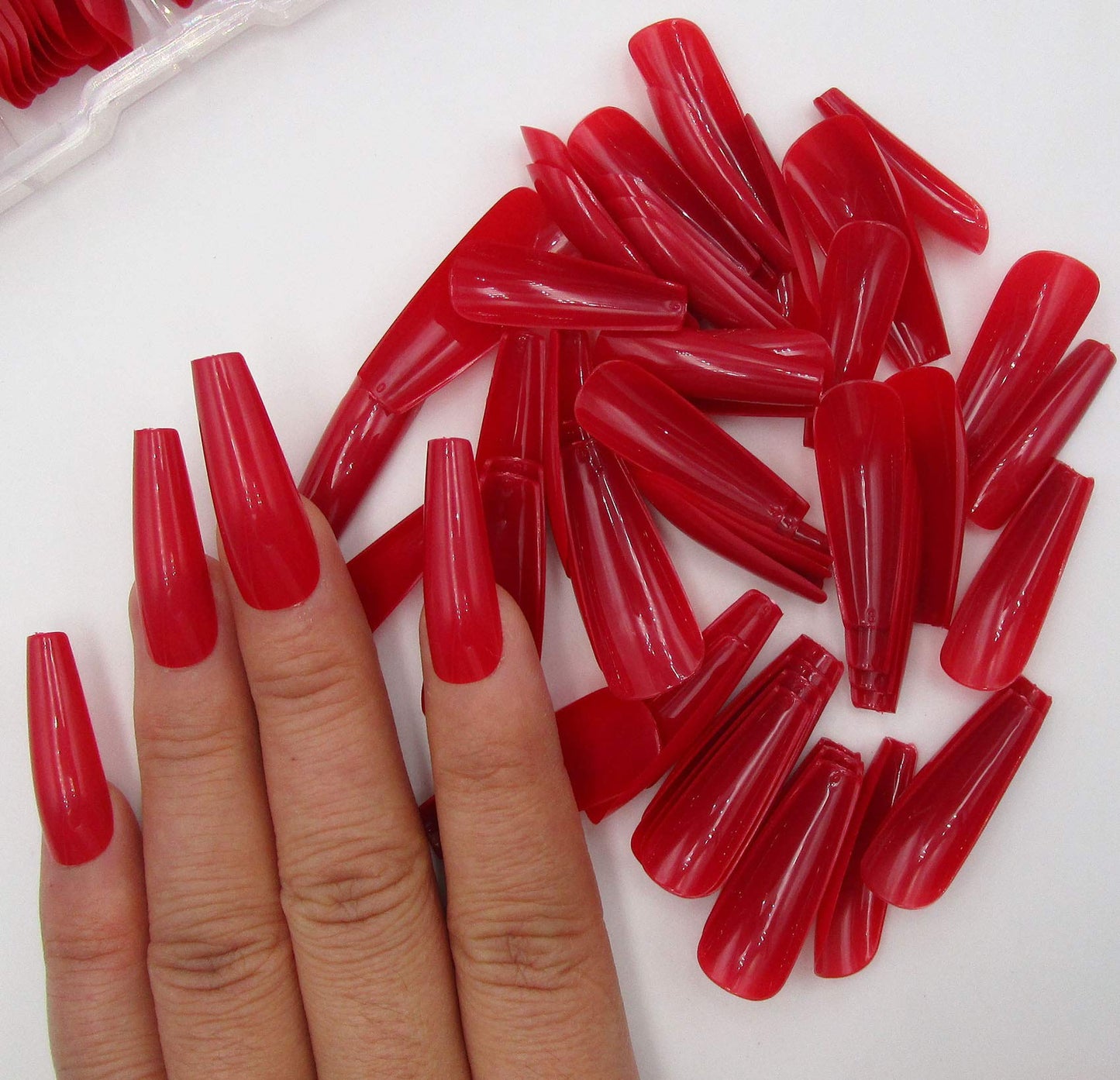 100pc Red Press on Nails Medium Coffin Fake Nails, Medium Press-on Nail Coffin Acrylic Nails Press ons Nail Red False Nail Glossy Ballerina Artificial Fingernail Full Cover Glue on Nail