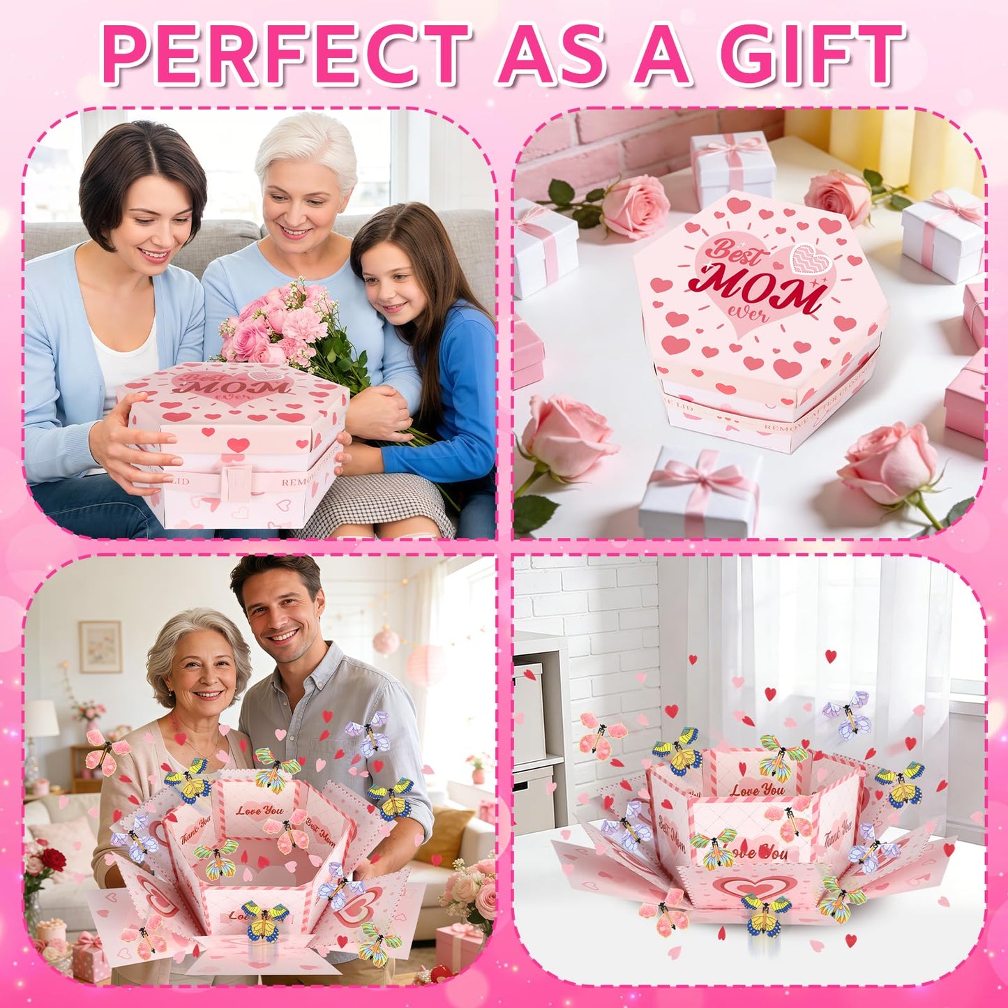 Sereliy Flying Butterfly Surprise Gift Box, Mother’s Day Explosion Box with 12pcs Flying Butterflies & Confetti, Large DIY Explosion Gift for Mothers Birthday
