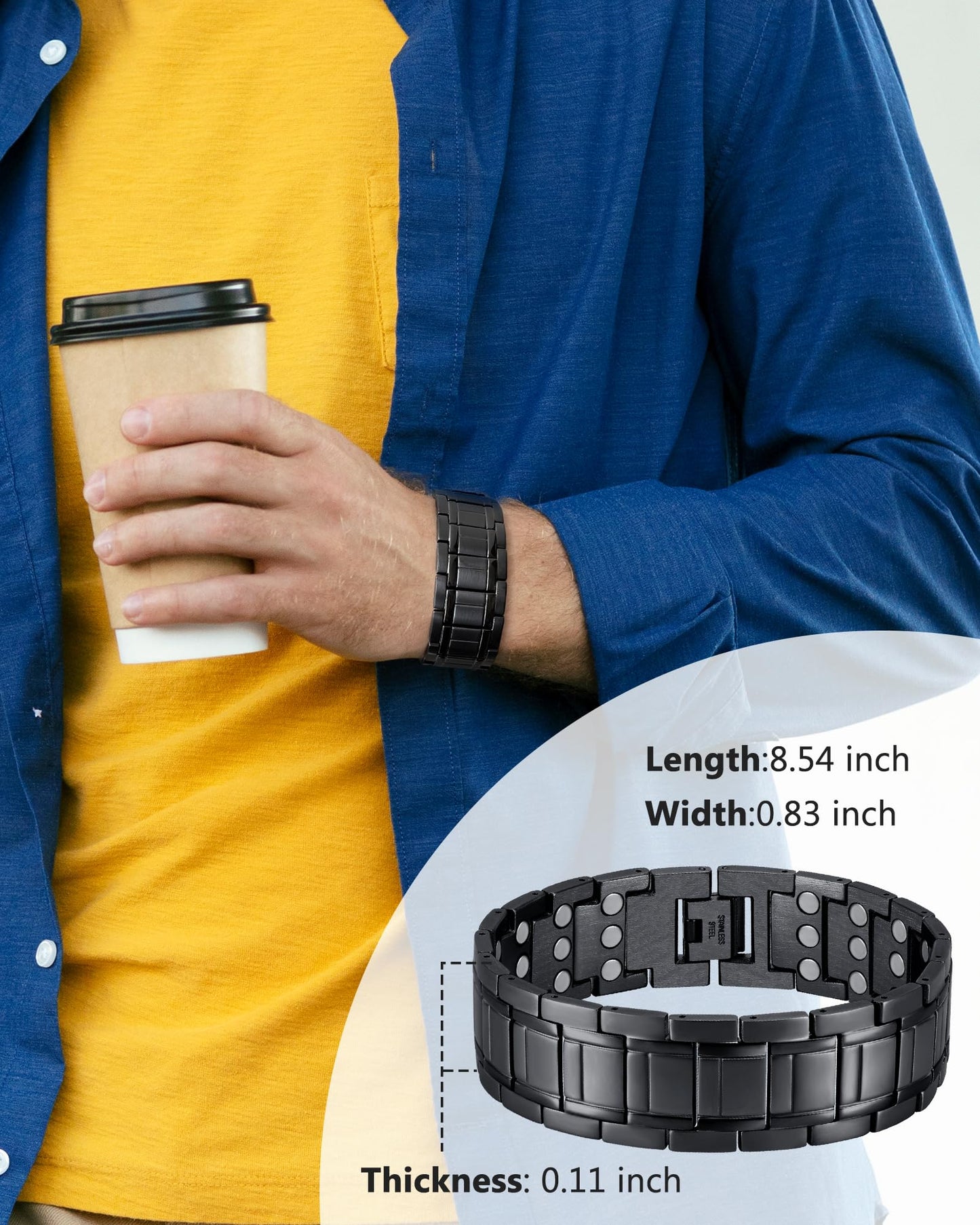 Feraco 3X Magnetic Bracelets for Men Titanium Steel Magnetic Bracelet with 3 Rows Magnets (Black)