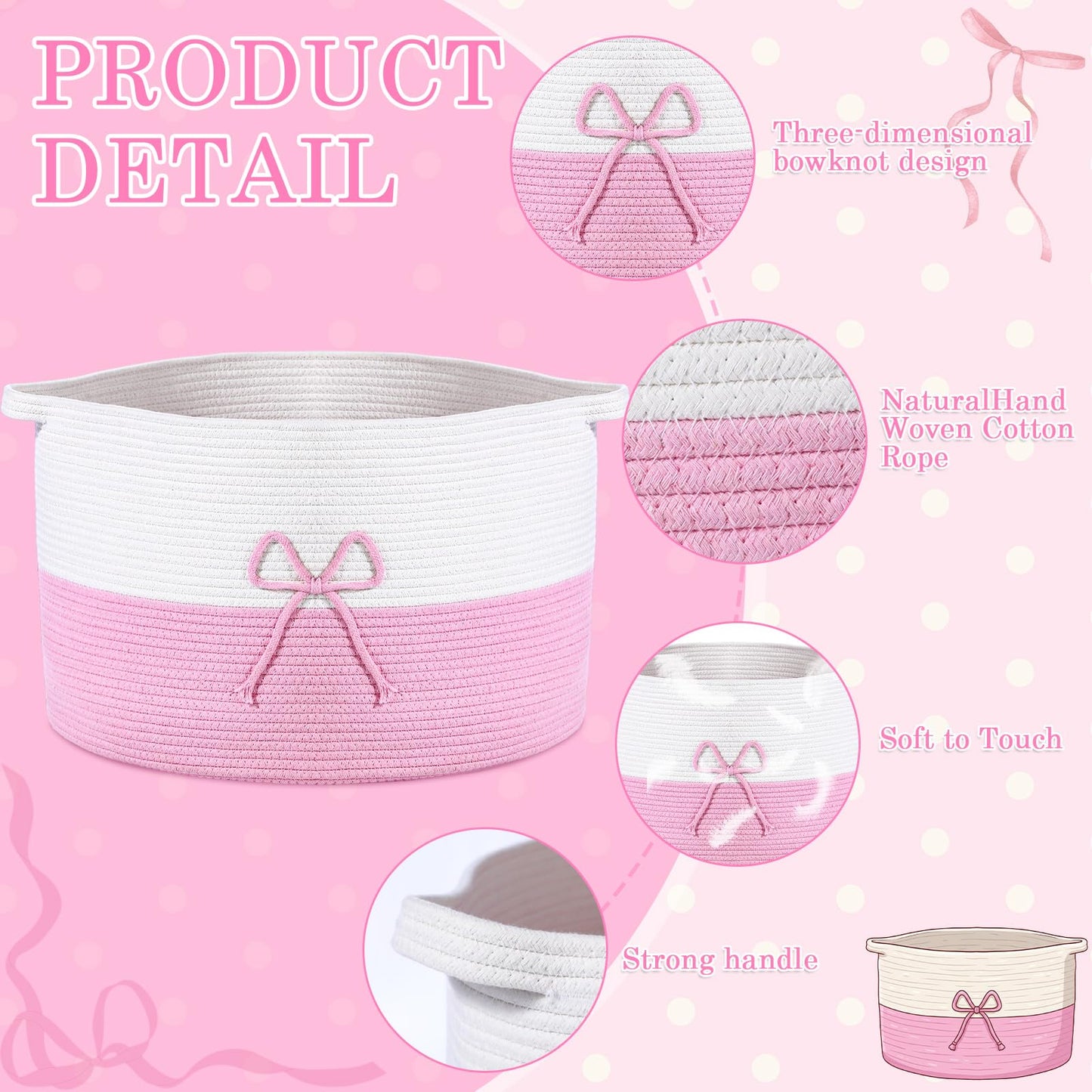 Breling 70L Pink Bow Extra Large Cotton Rope Basket 21" x 14", Woven Baby Laundry Blanket Basket Box with Handle Storage, Blanket Storage for Living Nursery Pillows Laundry Baby Toy Chest