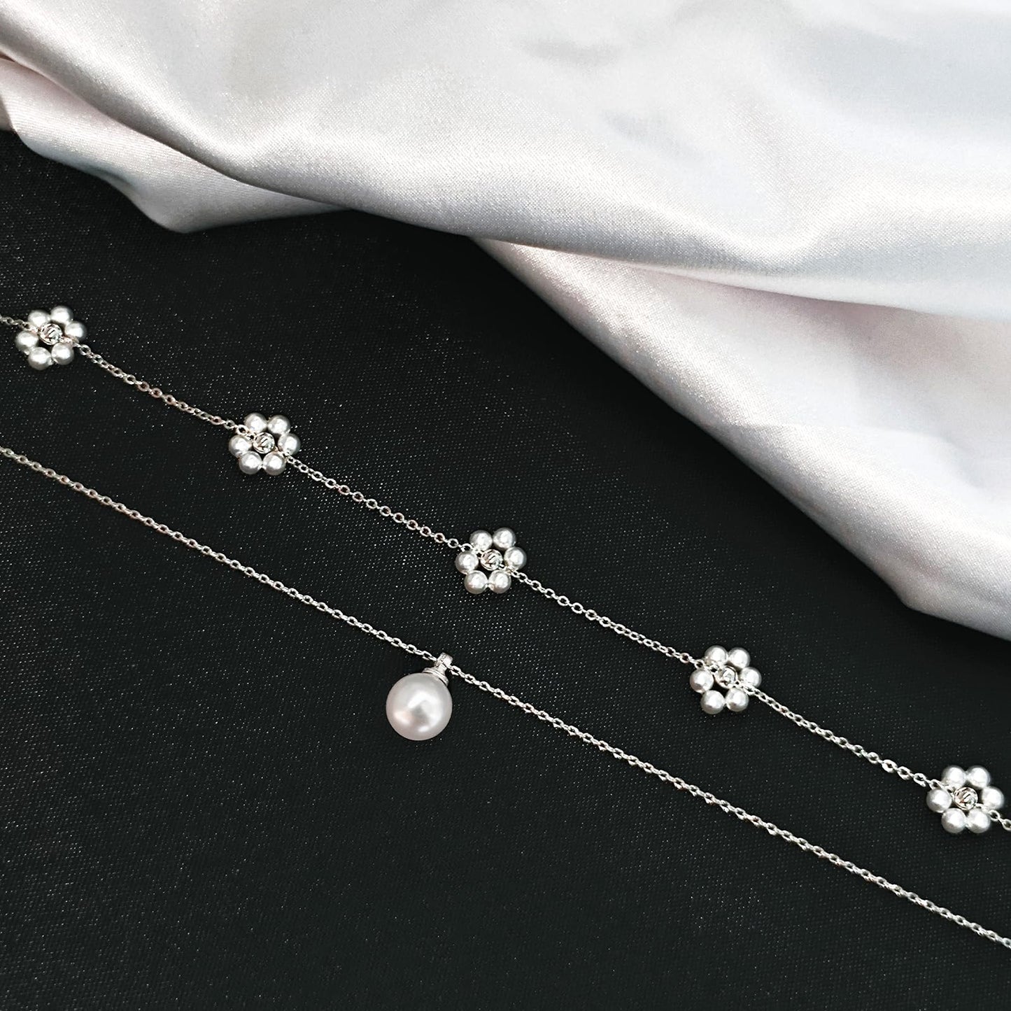Zeffy Silver Daisy Flower Pearl Layered Necklace Cute Silver Necklace Stack Wedding Jewelry Sets for Women Bridesmaid Gifts 2PCS