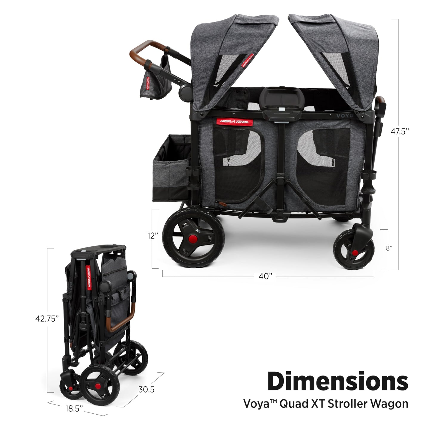 Radio Flyer Voya XT Quad Stroller Wagon, for Ages 6+ Months, Extra Tall Sides, Push or Pull, 4 Seats, Dual Sun Canopies, Compact Fold, Storage Space, 5-Point Harnesses, Stroller Wagon for Kids