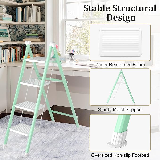4 Step Ladder, Folding Step Stool with Anti-Slip Wide Pedal, Anti-Slip Feet, Sturdiest Steel Construction, Steel Ladder for Home and Office, Green White