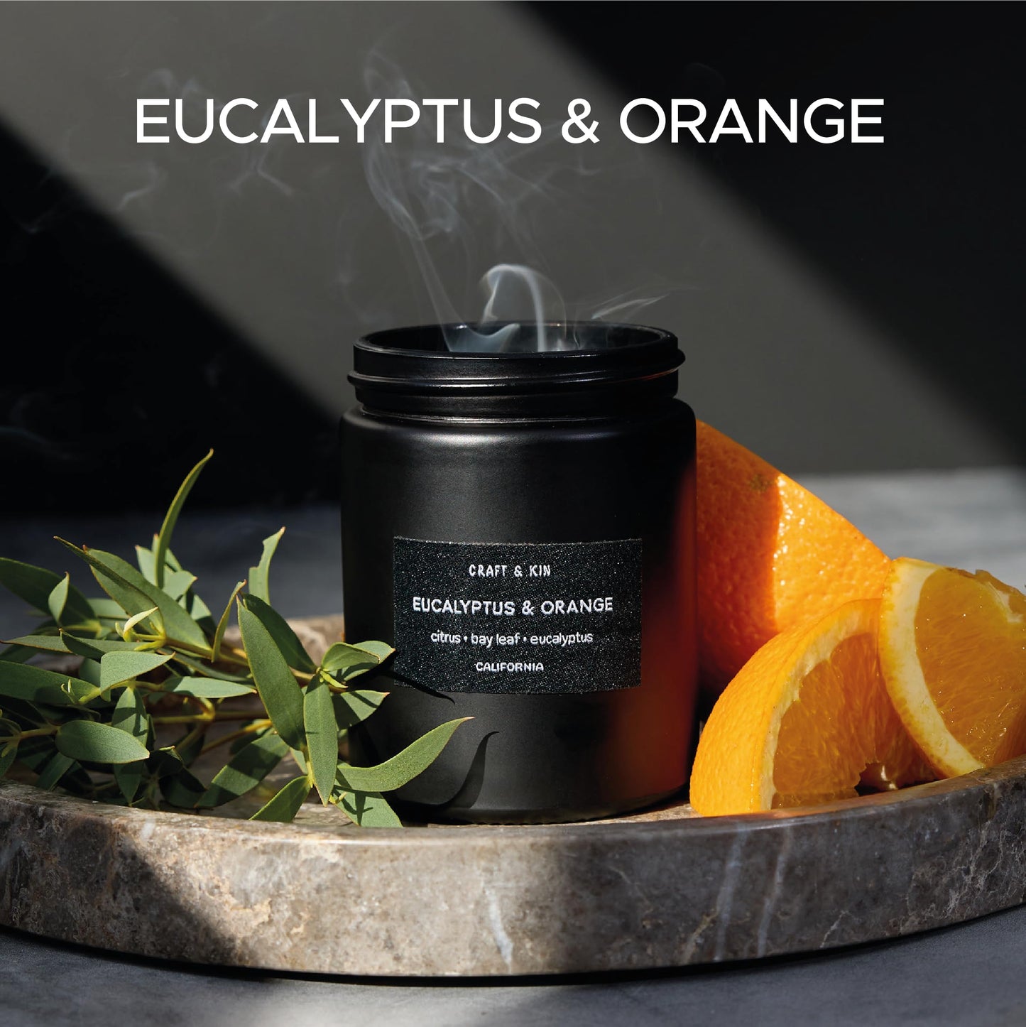Craft & Kin Premium Orange & Eucalyptus Candle | Black Scented Candles for Home | Long Lasting with 45 Hour Burn Time, 7.6oz | Soy Candle | Aromatherapy at Home | Gifts for Men