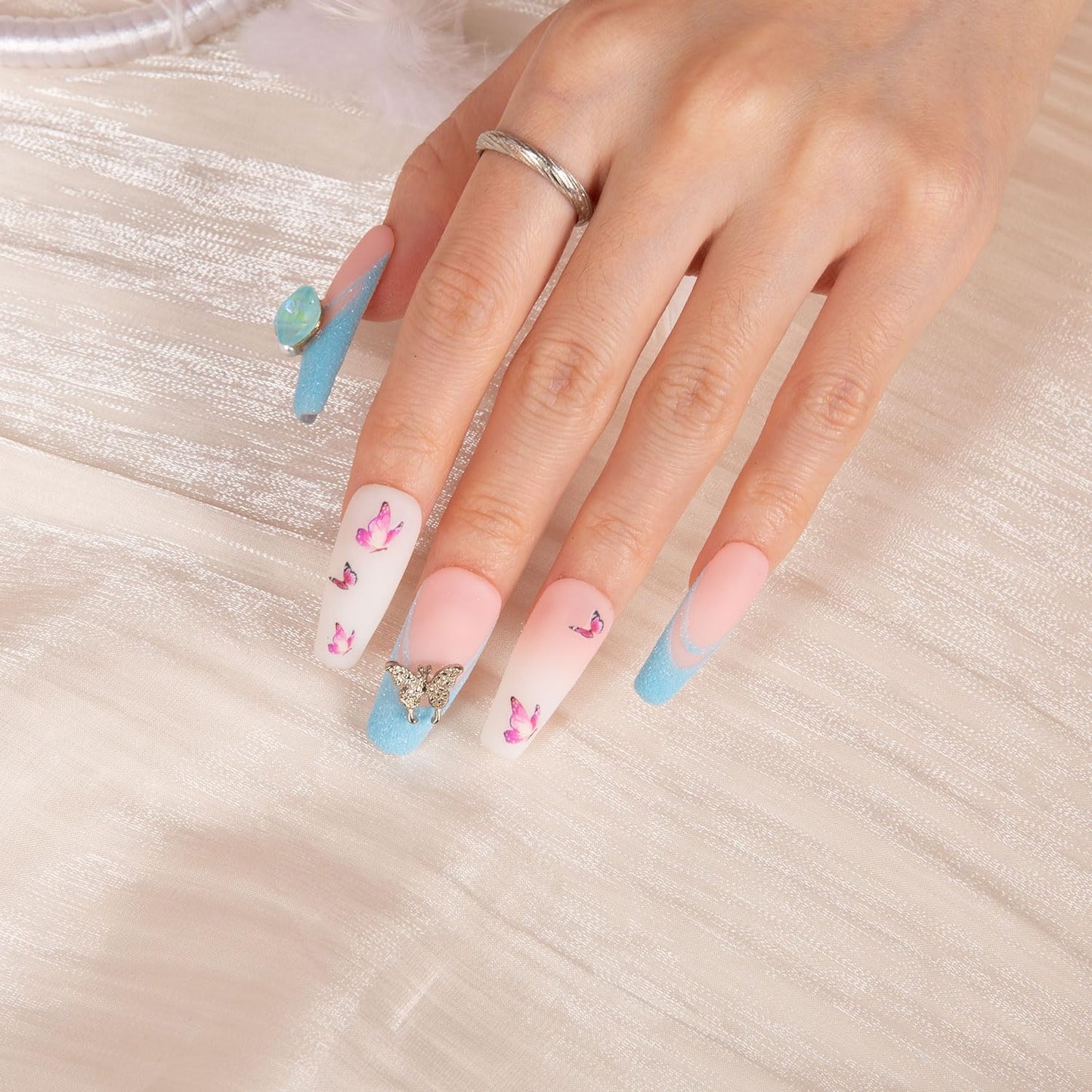 LOVFUL Press on Nails Sky Dance French Tip | Handmade with Full Covered Crystals | Reusable Full Cover Nails | Coffin Classic Regular 1.3 in | H282-S