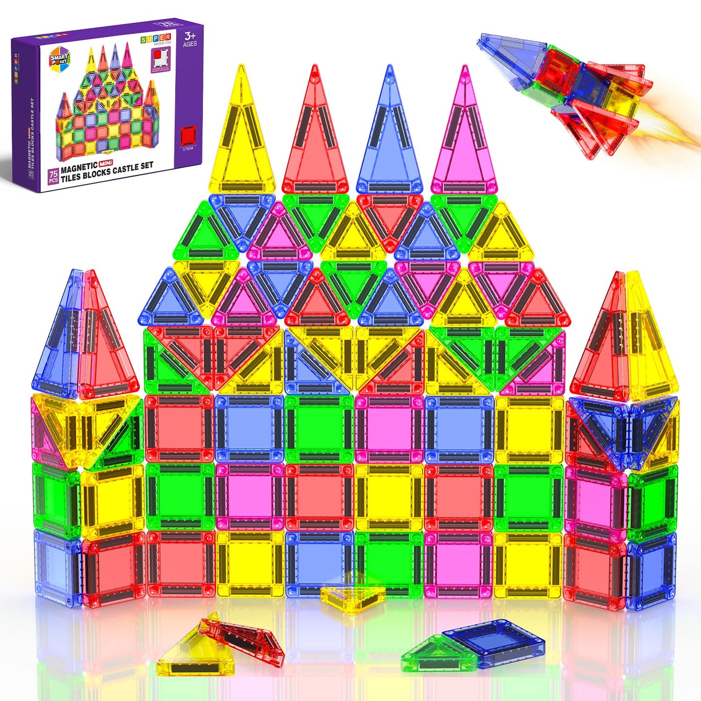 Mini Magnetic Tiles - 75 PCS Travel Magnetic Tiles, Micro Magnet Travel Toy for Kids Ages 3+, STEM Educational Building Set Construction Toys, Boys Girls Toddlers Birthdays Day Gifts