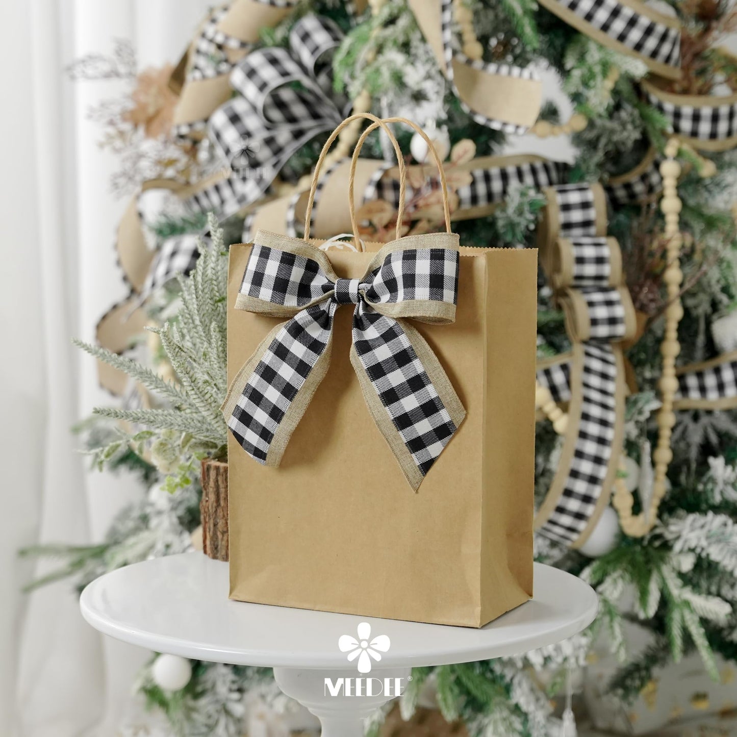 MEEDEE Buffalo Plaid Ribbon with Burlap Wired Edges 2.5 Inch Wide 10 Yards Black and White Ribbon for DIY Bows, Christmas Tree, Gift Wrapping, Wreaths