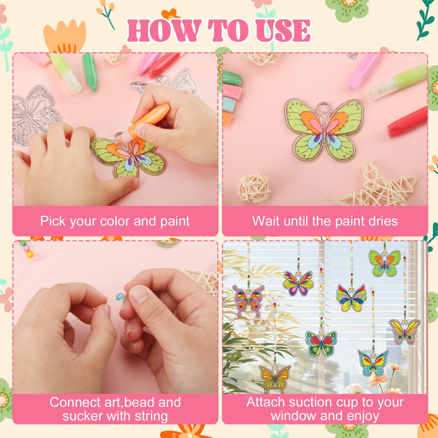 Nlicrst 32 Sets Butterfly DIY Sun Catcher Crafts Decorations, Sun Catcher Kits for Adults Window Art, Suncatcher Paint DIY Craft Kits for Kids Classroom Decorations