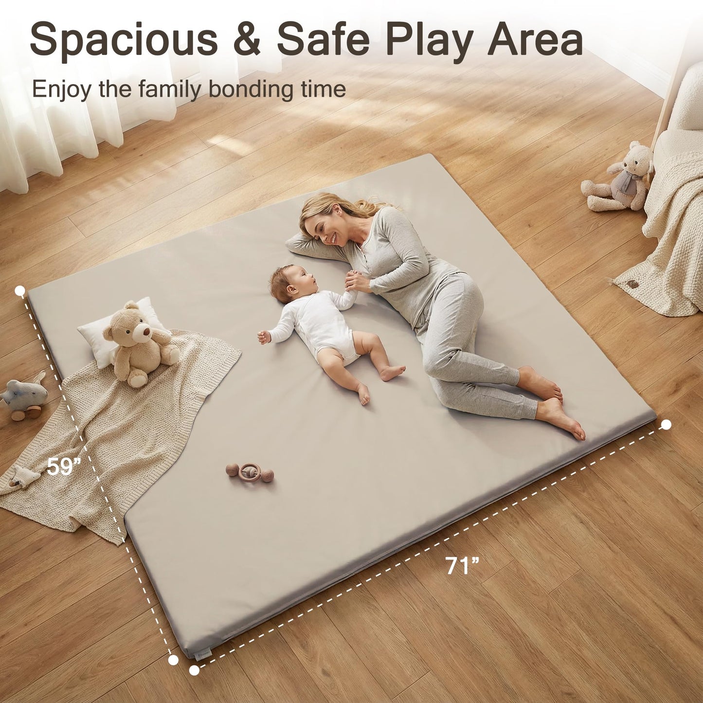 Funyoo Vegan Leather Baby Play Mat, 71x59 Thicken Foam Play Mat for Infants and Toddlers, Padded & Cushioned Playpen Mat for 71x59 Playpens, 1.2" Thick, Grey