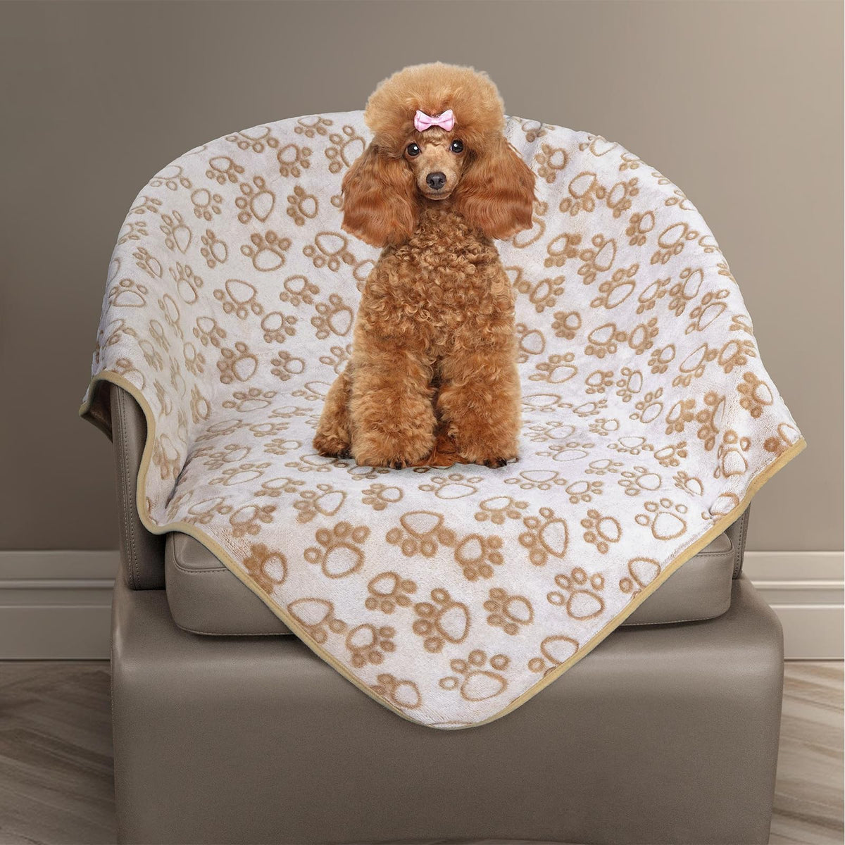 Stuffed Large Brown Premium Soft Dog Blanket, with Flannel Cute Paw Print, 43 * 66 inches, Cat Blanket Maltipoo Puppy Essentials
