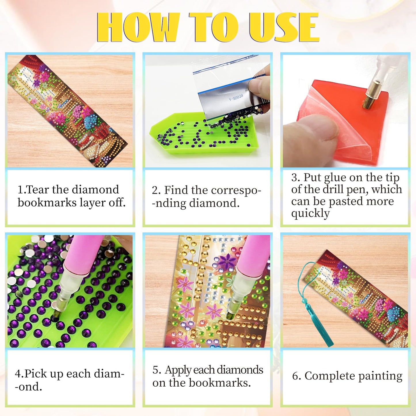 FREEBLOSS 8 Set Diamond Art Kits Bookmarks Flower Library Pattern Diamond Painting Bookmark DIY Book Makers Kits Arts and Crafts for Gift Book Lovers 2.3x7.7