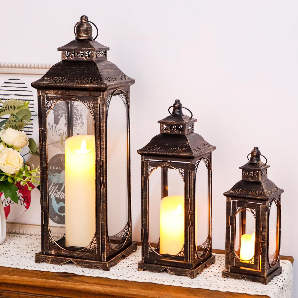 TRIROCKS Set of 3 Vintage Candle Lanterns 10/14/19.5''H Decorative Outdoor Lantern Metal Candle Holder with Tempered Glass for Home Living Room Garden Yard Event Indoor Outdoor (Black with Gold Brush)