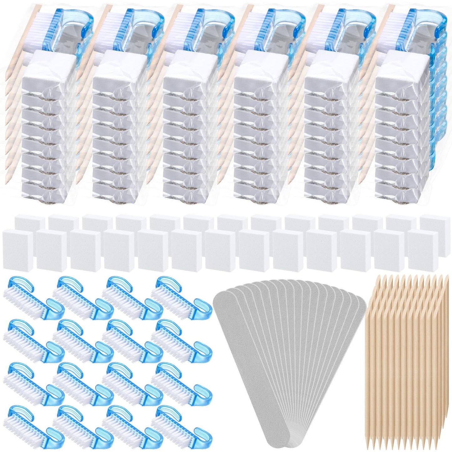 Leriton 100 Sets Mothers Day Professional Disposable Manicure Kit Basics 4 Piece Nail Kit Wood Nail File 100/180 Grit, Mini Buffer 80/100 Grit, Wood Stick and Handle Grip Brush Gifts(Blue)