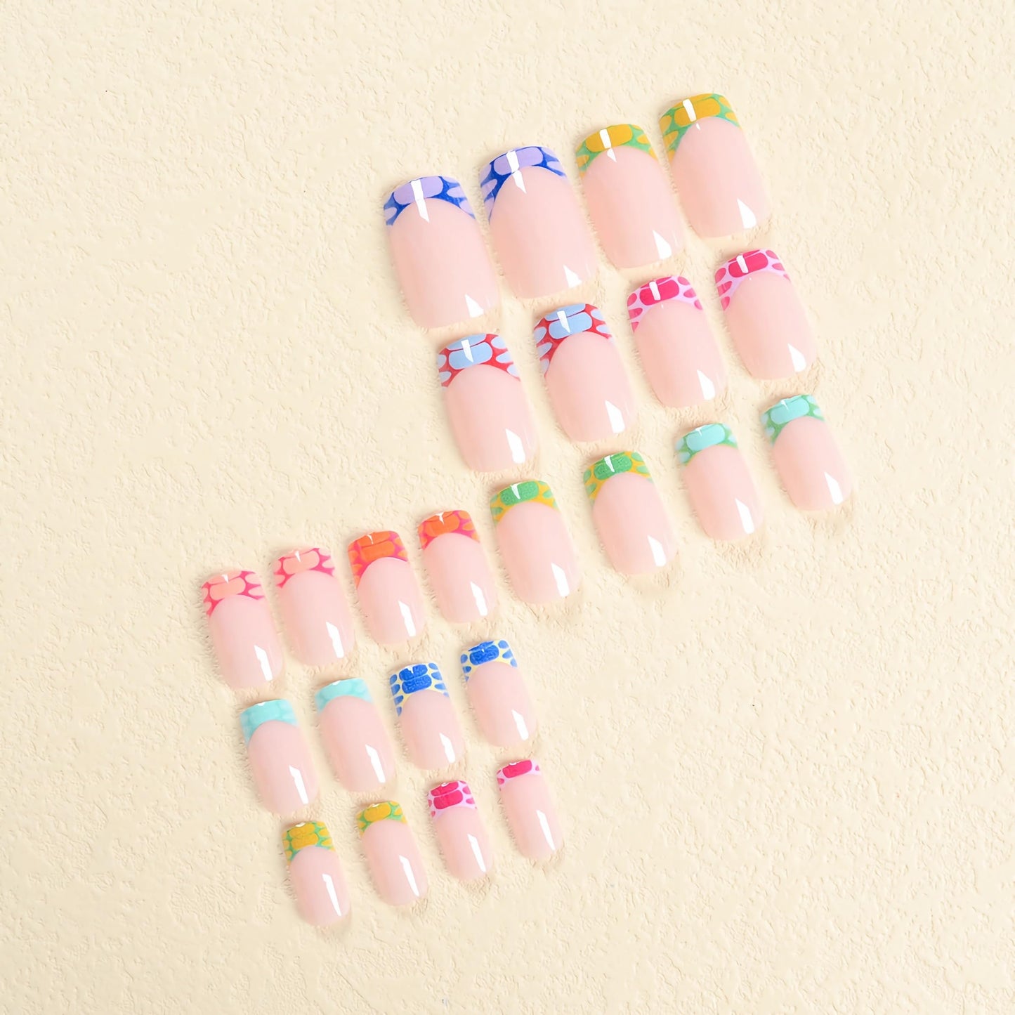 BABALAL French Tip Press on Nails Medium Square Fake Nails Colorful Glue ons Nails Crocodile Pattern Design Acrylic Nails 24Pcs Squoval Full Cover False Nails