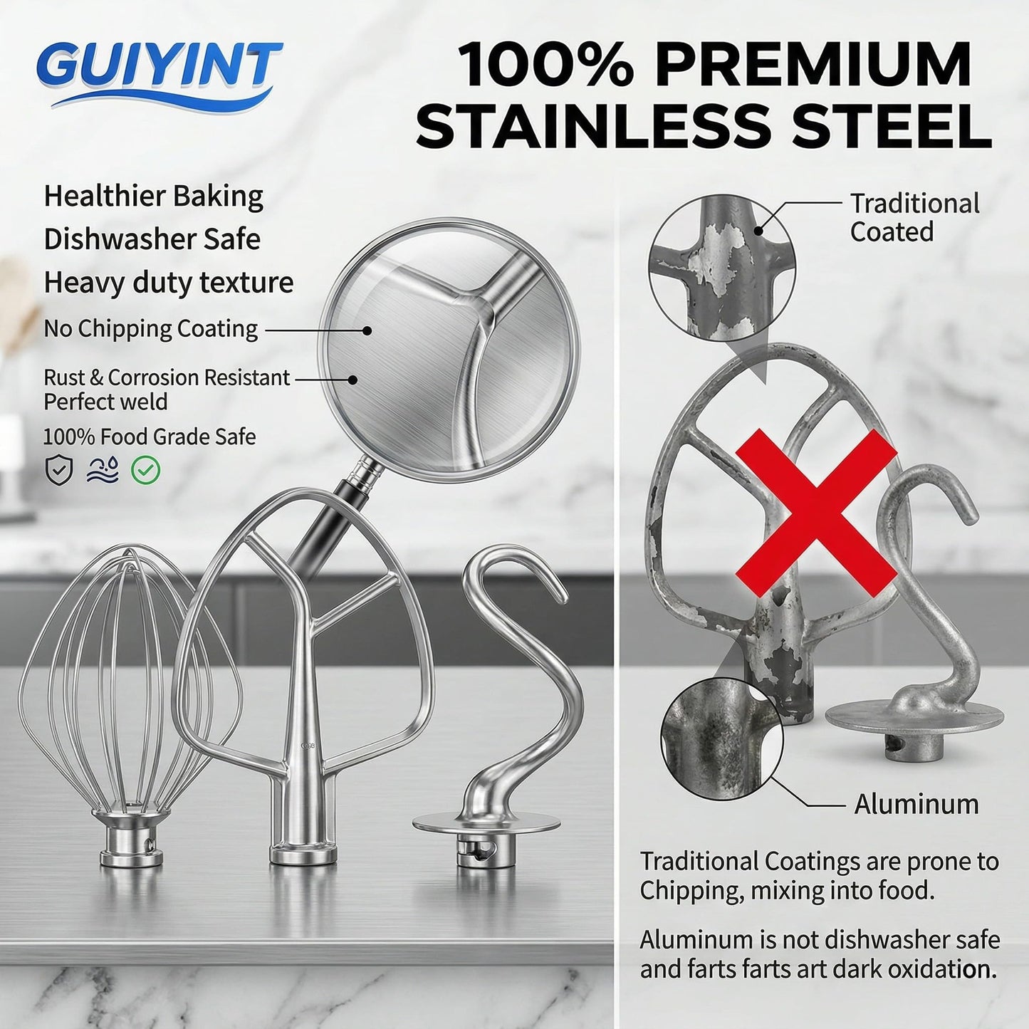 Guiyint Stainless Steel 3 Piece Mixer Attachments Kit – Replacement for KitchenAid Tilt-Head & Bowl-Lift Stand Mixers (4.5, 5, 6 Quart) – Includes Dough Hook, Flat Beater, 6-Wire Whisk