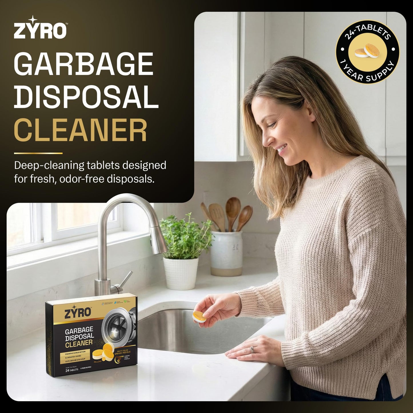 Garbage Disposal Cleaner and Deodorizer | 24 Pack | Kitchen Sink Cleaner Tablets | Eliminates Odor | Fights Grease & Buildup | Foaming Scrub Action | Citrus Fresh | 1 Year Supply | Zyro