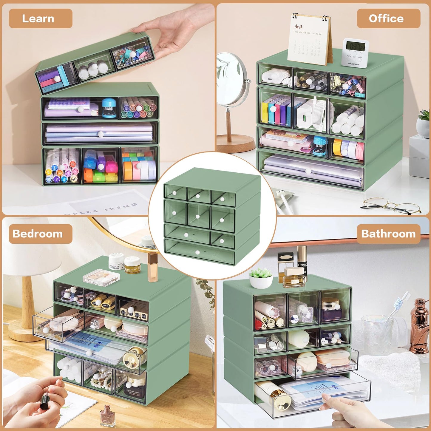 FODIENS Desk Storage Organizer with 9 Drawers, 4 Tiers Stackable Desktop Craft Storage Drawers, Clear Storage Box Caddy for Stationary Makeup Jewelry Office Craft Supplies (Green)