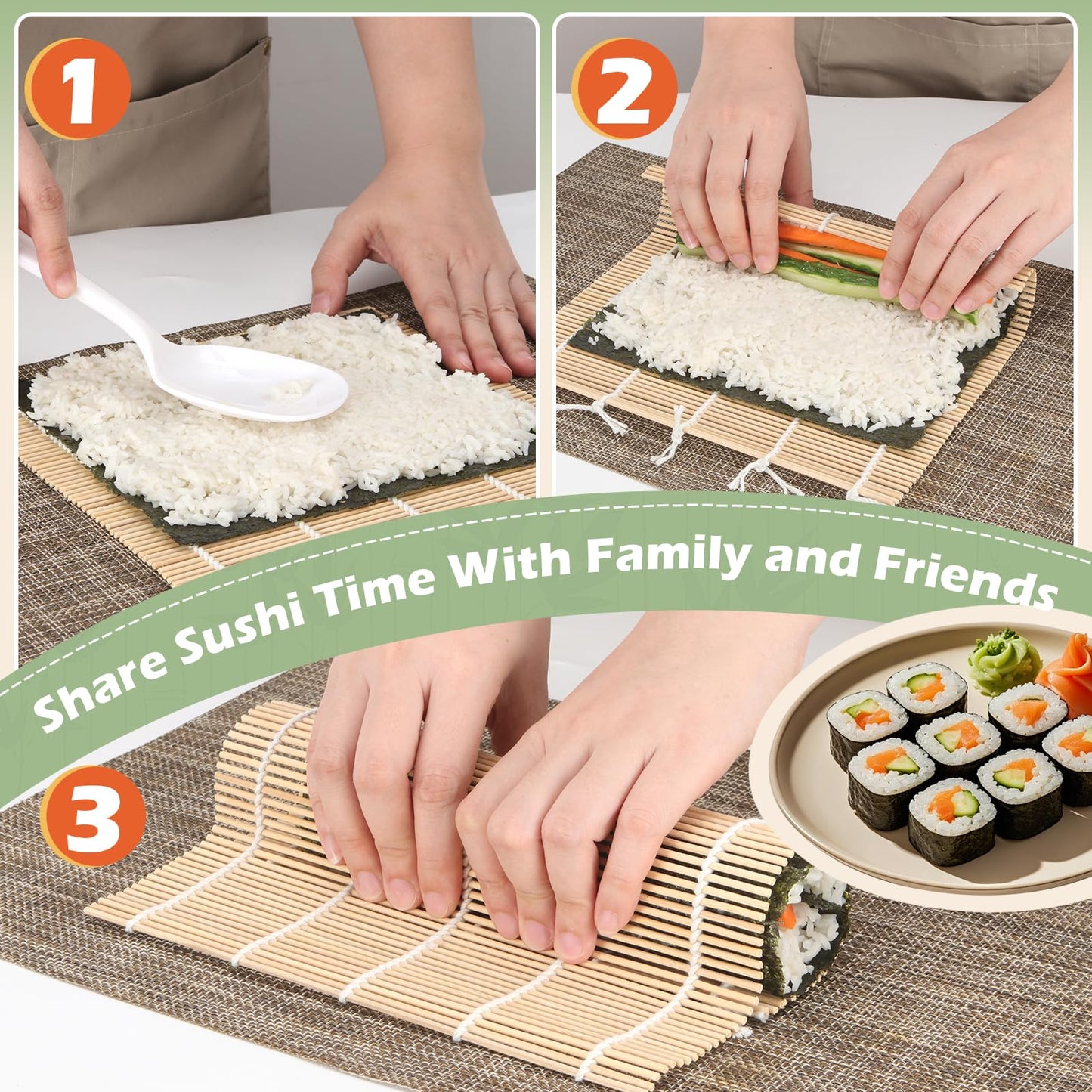 LEQC 10PCS Sushi Rolling Mat 9.5"x9.5" – Durable Sushi Mat with Tightly-Bound Design for Home & Restaurant Use (White)