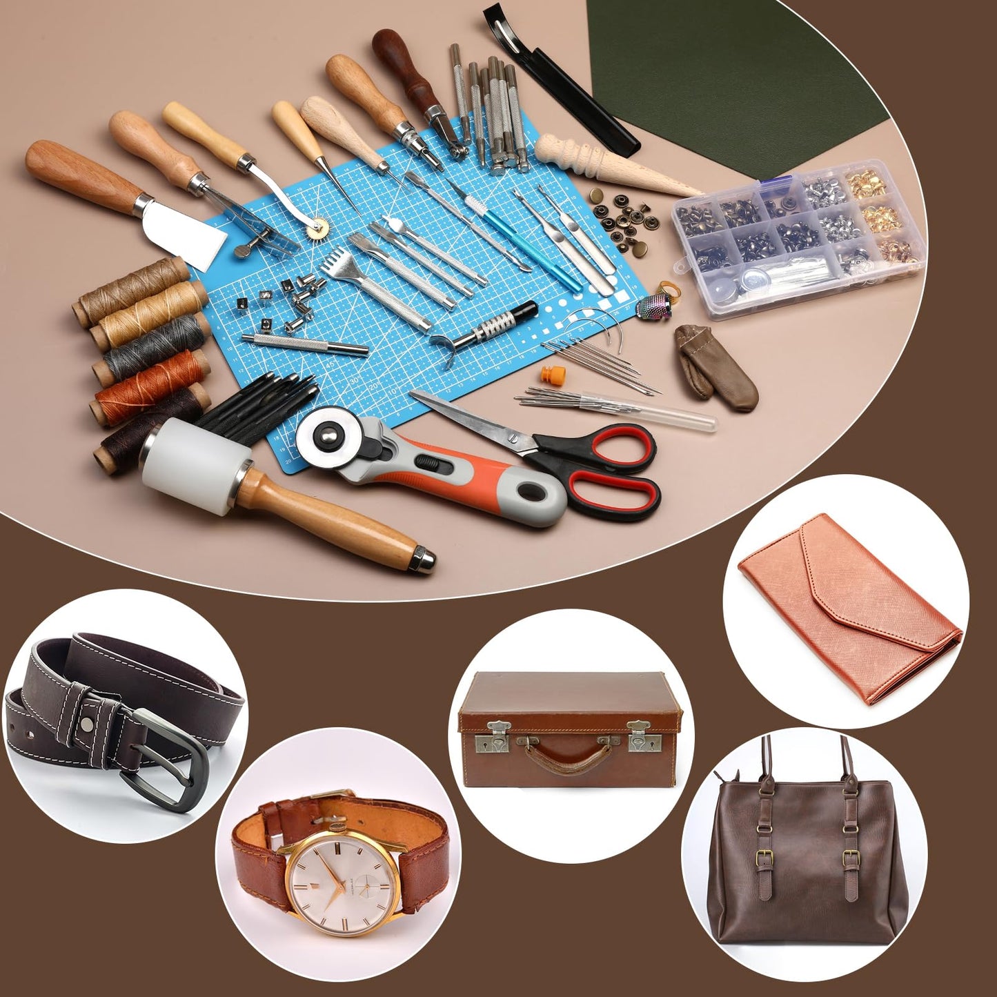 SOCNITC Leather Craft Tools, Leather Working Kit with Snaps and Rivets Kit Stamping Tools Stitching Groover Waxed Thread Punch Hole for Leathercraft Adults, Beginners