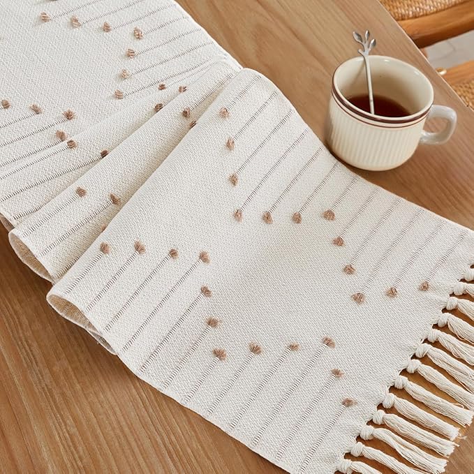 Wracra Boho Table Runner, Natural Cotton Woven Macrame Table Runners 48 Inches Long for Modern Farmhouse Woven Home Decor, 14x48 Inch, Taupe