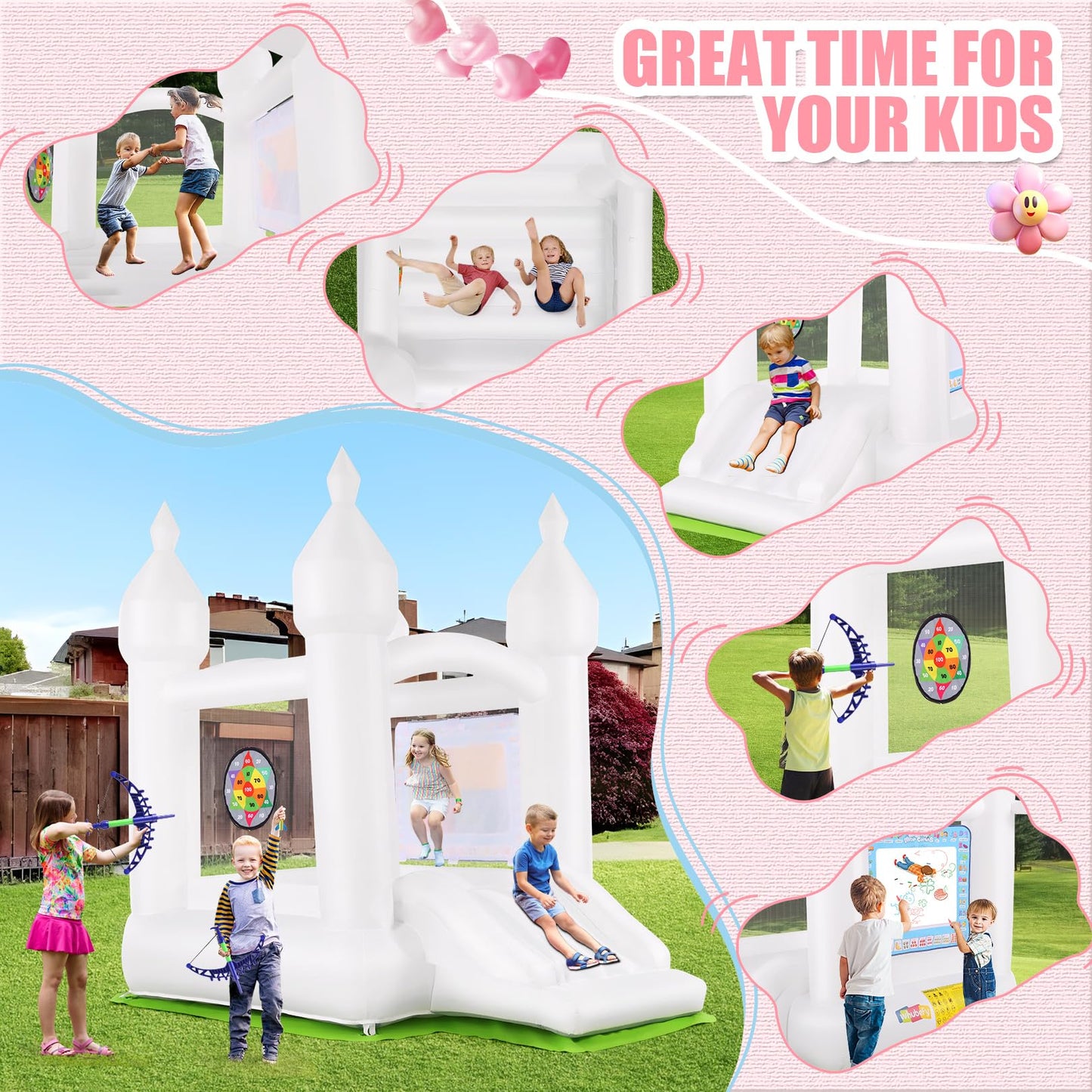 White Inflatable Bounce House for Kids, Blow Up Backyard Bouncy Castle with Slide, Water Doodle Mat, Basketball Hoop, Target & Balloons (White Bounce House Without Blower)