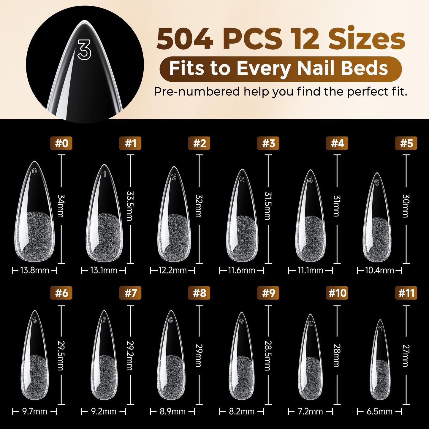 UNA GELLA Long Stiletto Nail Tips 504PCS, Full Cover Pre-Etched Long Stiletto Almond Clear Fake Nails Tips, Sturdy Acrylic Press on Nails, No C Curve Soft Gel Tip for DIY Nail Extension kit 12 Sizes