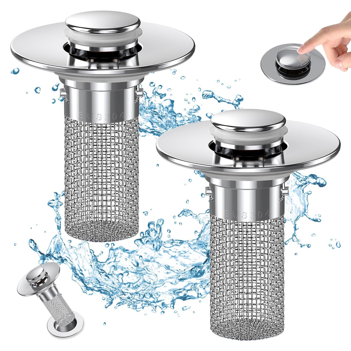 Bathroom Sink Drain Strainer, Pop Up Sink Drain Filter with Removable Stainless Steel Filter Basket Hair Catcher, Bathroom Sink Drain Stopper, for Us Bathroom Sink Stopper Replacement (2pcs)