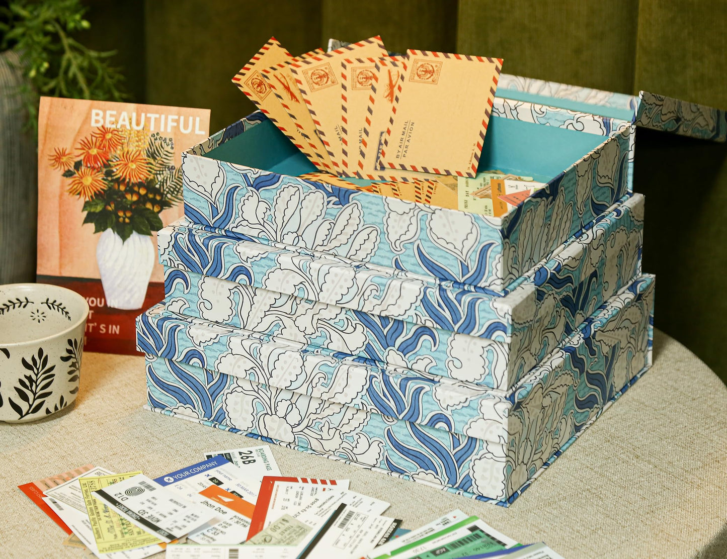 MIZFRUZZY 3-Piece Decorative Storage Boxes with Lids, Blue & White Art-Inspired Botanical Pattern, Sturdy Cardboard Keepsake Boxes, Stackable Memory Storage Boxes for Home Decor & Shelving