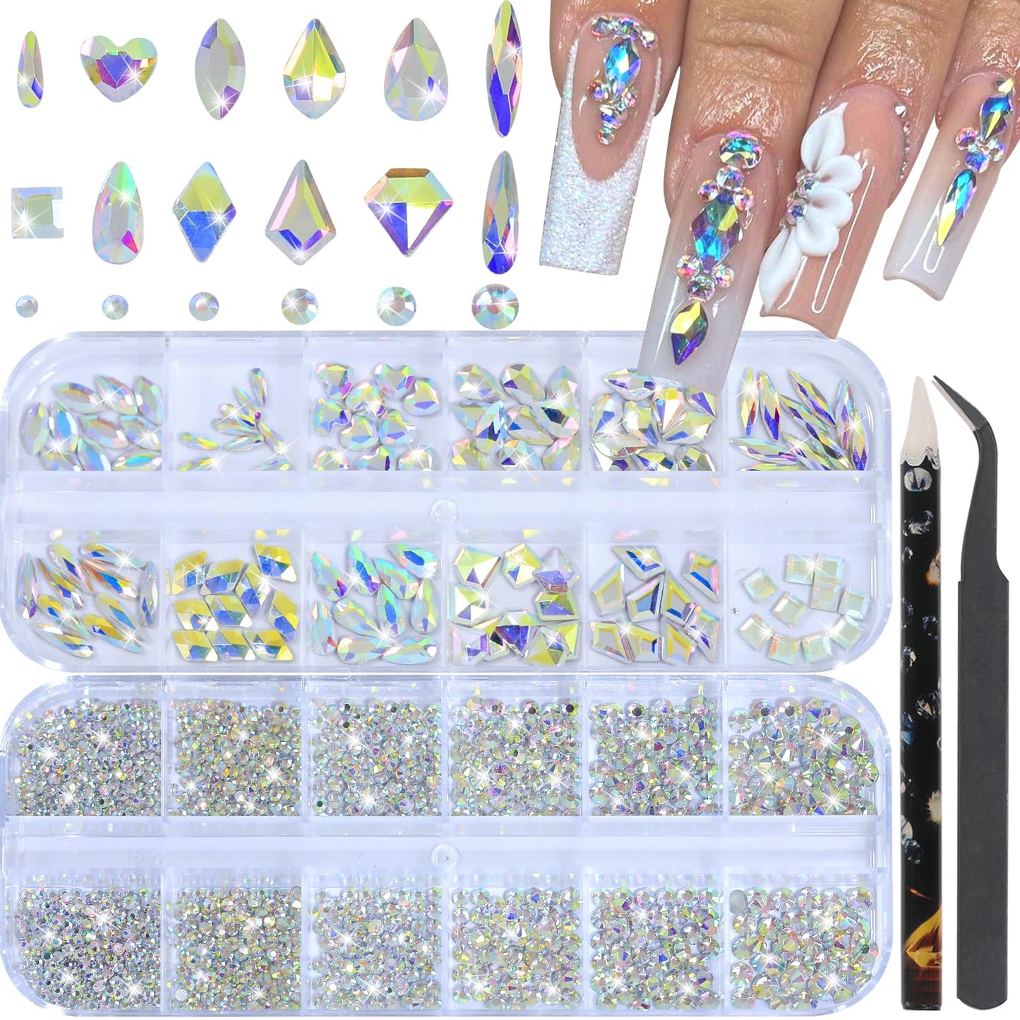 Nail Rhinestones - 3D Multi Shape Size, Flat Back, Manicure Rhinestones Charms, AB Gems, with Kit, for Nail Art, Bedazzling Acrylic Nails, DIY Decor