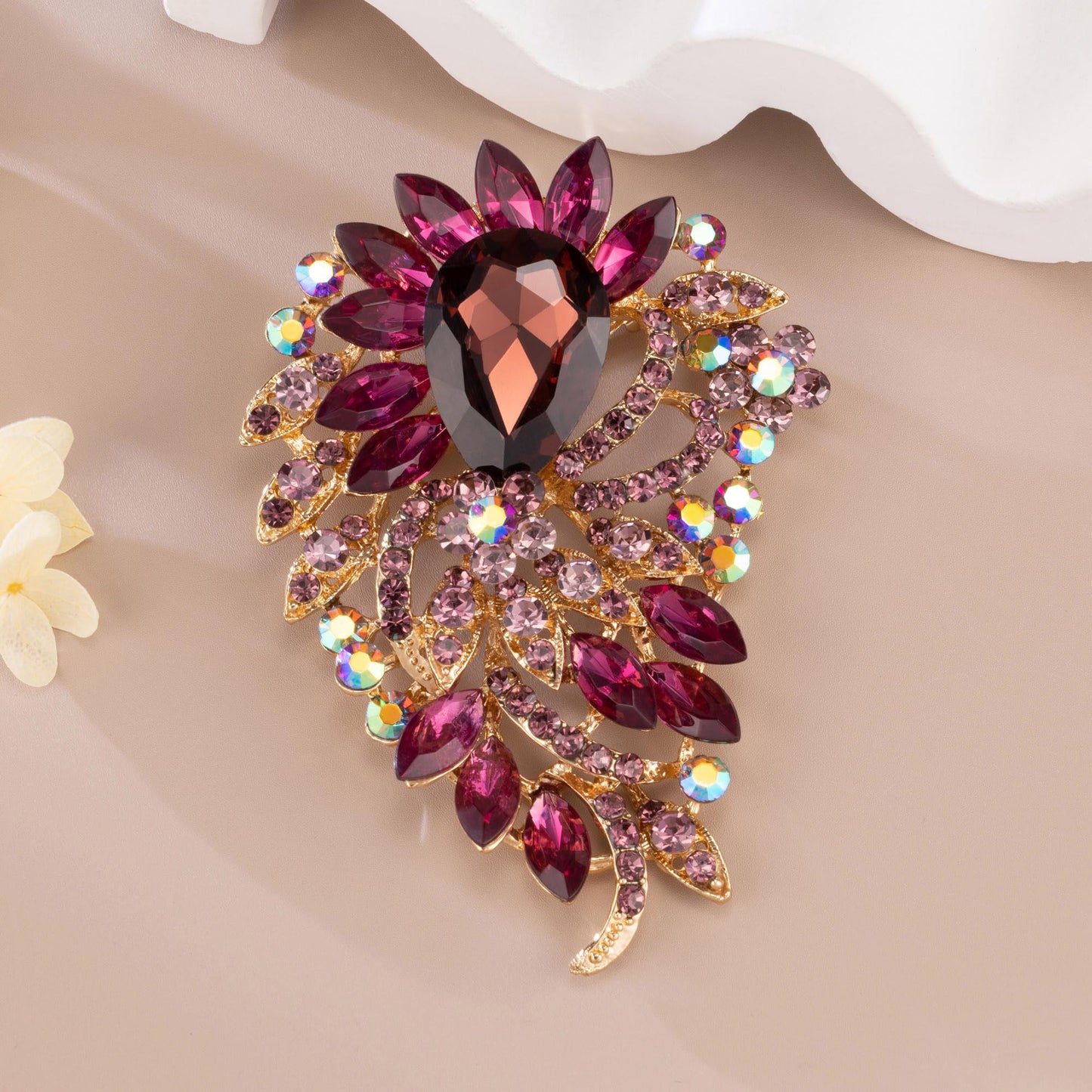 SELOVO Big Large Rhinestone Purple Crystal Statement Brooch Pin Sweater Accessory Gold Tone