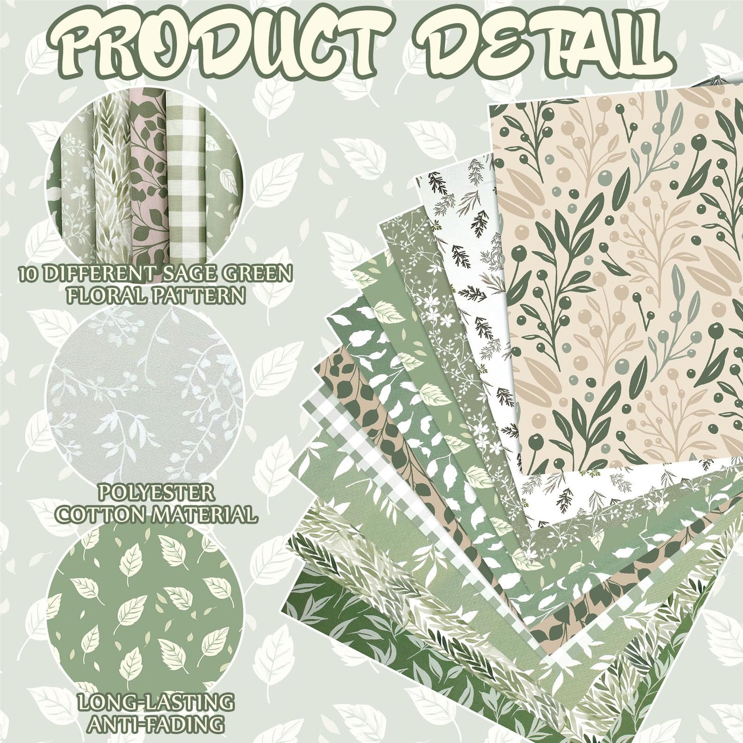 Hahafelt 10 Pcs Sage Green Quilting Fabric by The Yard 20 x 20 Inch Vintage Green Greenery Square Fabric Gingham Fat Quarters Bundle Material Precut Patchwork for Summer DIY Sewing Craft Supplies