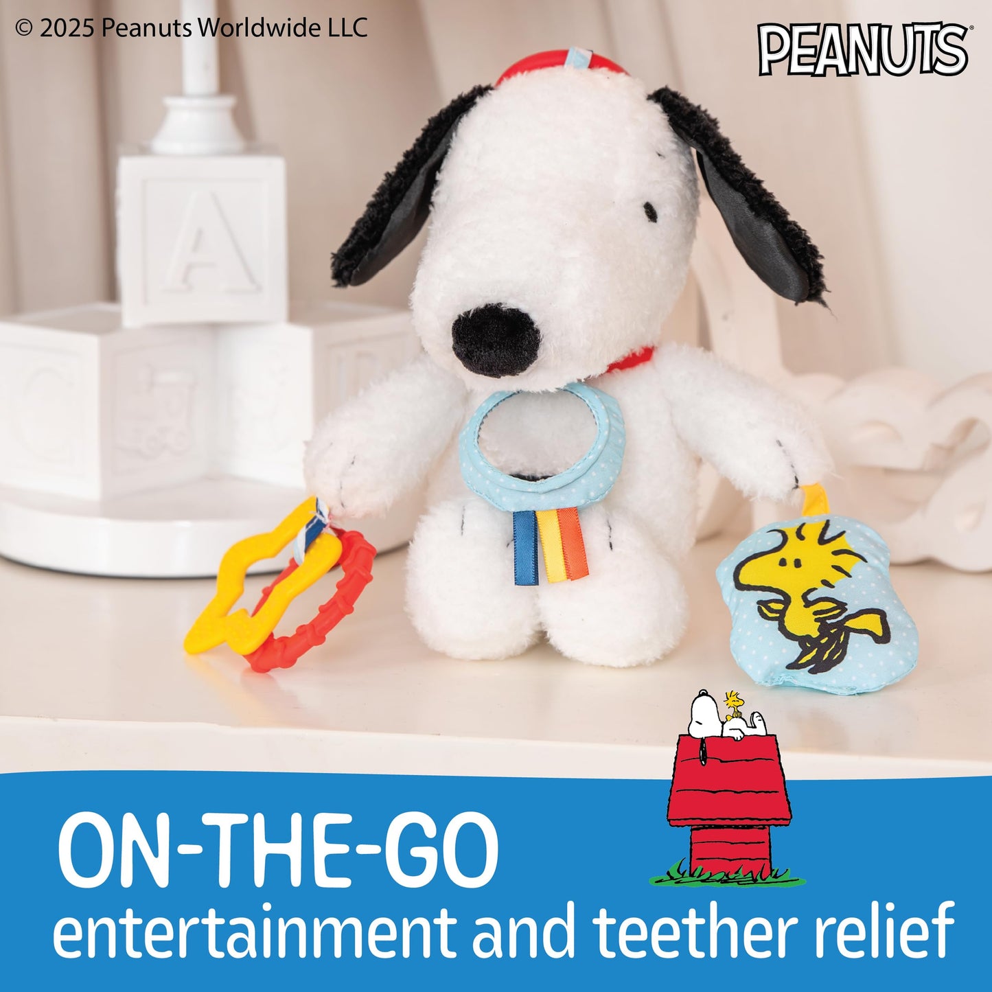 Kids Preferred Peanuts Snoopy Activity Toy - Jingle, Mirror, Teethers, Crinkle, Ribbons, Crinkle, Satin Accents, Soft Plush, On-The-Go Clip, 12 in