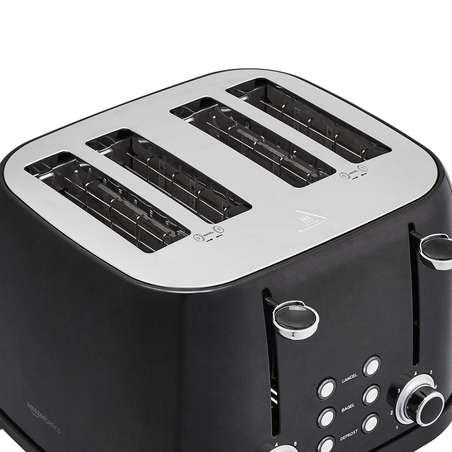 Amazon Basics 4 Slice Toaster with 4 Slots, 6 Browning Settings, Defrost, Removable Crumb Tray, Bagel Function, Cancel Button, 1600W, Black