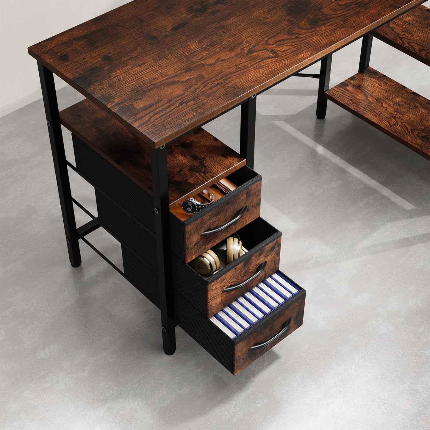 Simple Deluxe L Shaped Gaming Desk with Power Outlets, 47 Inch Computer Desk with 3 Drawers, Shelves, Corner Computer Desk for Gaming, Corner Work, Home Office, Study, Rustic Brown