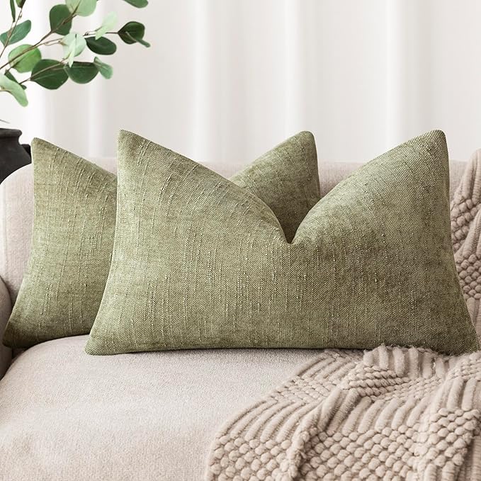 Foindtower Pack of 2 Textured Chenille Throw Decorative Pillow Covers Square Accent Solid Cushion Cover Neutral Farmhouse Lumbar Pillow Case for Couch Sofa Bedroom Living Room 12x20 Inch,Sage Green