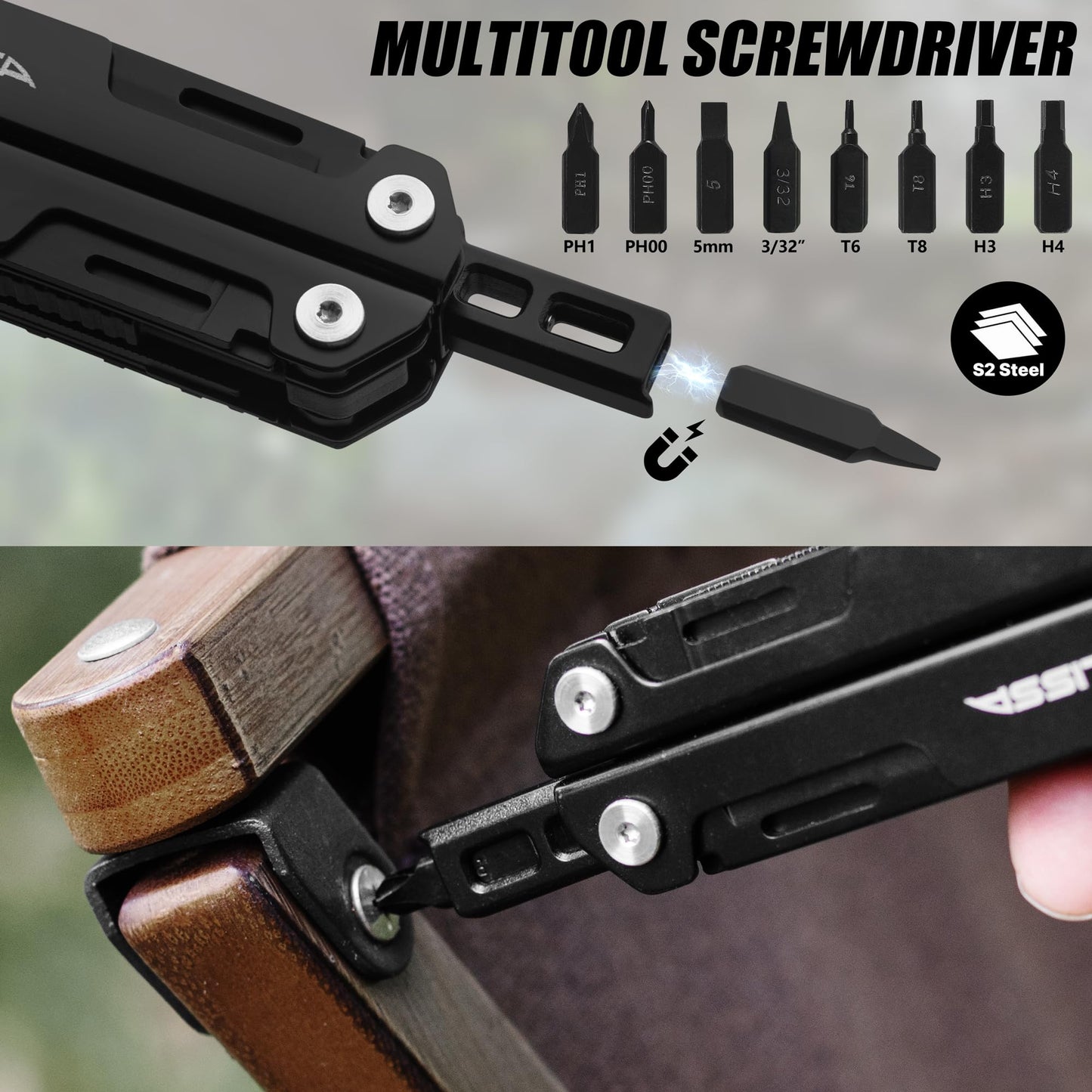 FLISSA Multitool Wrench, Gift for Men, 16-IN-1 EDC Multi-tool with Self-Adjusting Wrench, Stainless Steel Pocket Multi Tool with Knife, Screwdriver Bits, Saw, File, Ideal for Camping, Outdoor