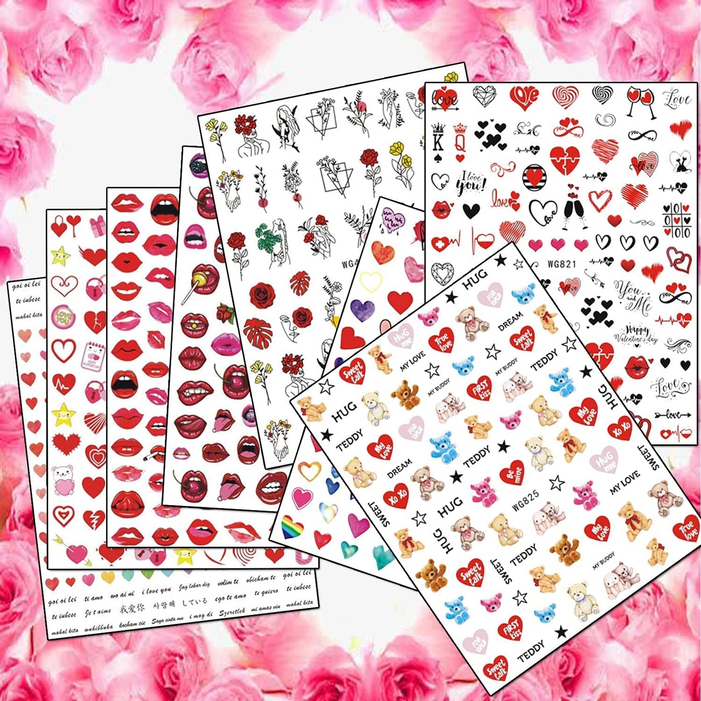 8 Sheets Valentine's Day Nail Art Stickers with 8 Sheets Heart Nail Art Stickers