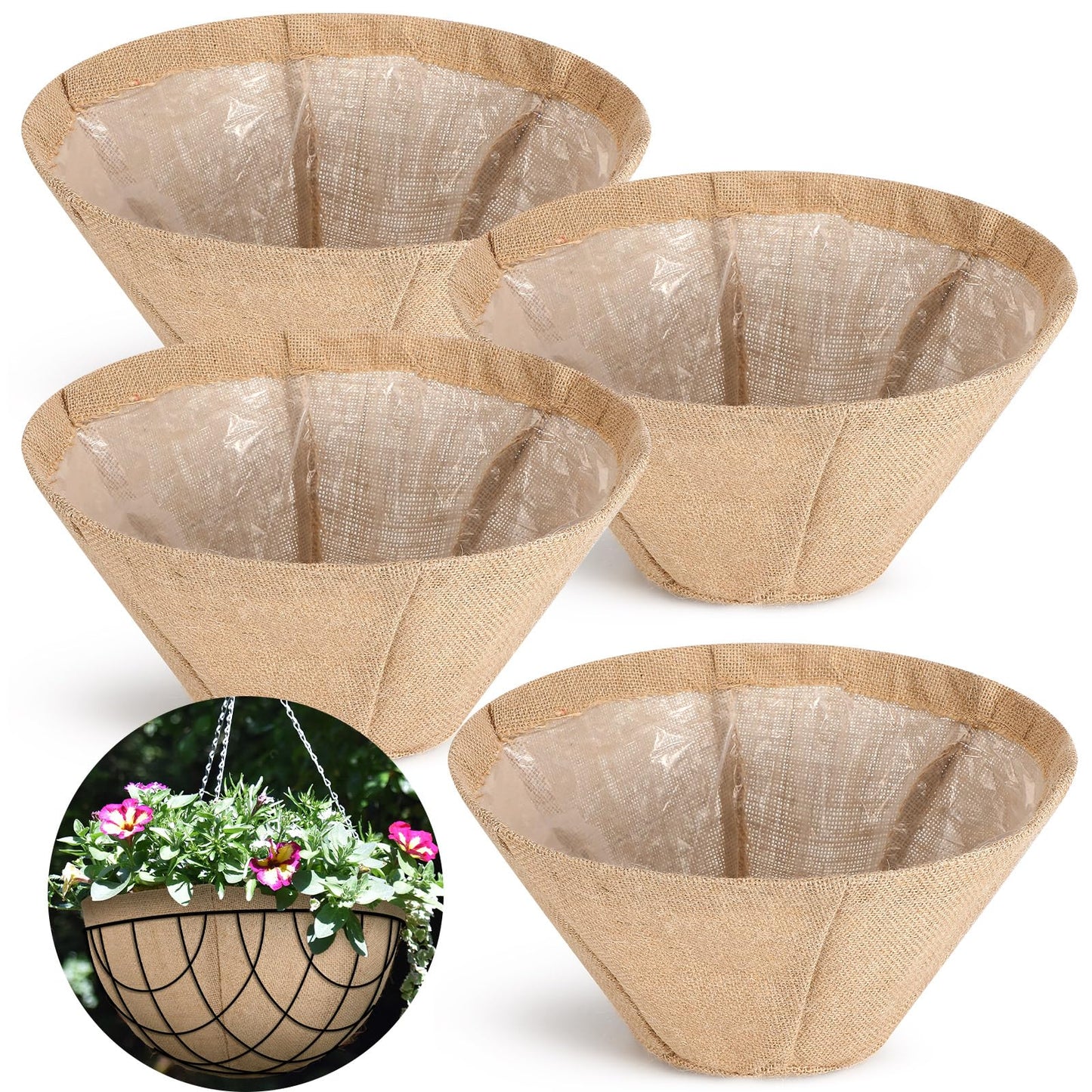 Novabright 4 Pack Round Burlap Liners with Drainage Hole and Plastic Interior Liner 14 Inch Rustic Burlap Planter Liner for 14" Diameter Hanging Baskets