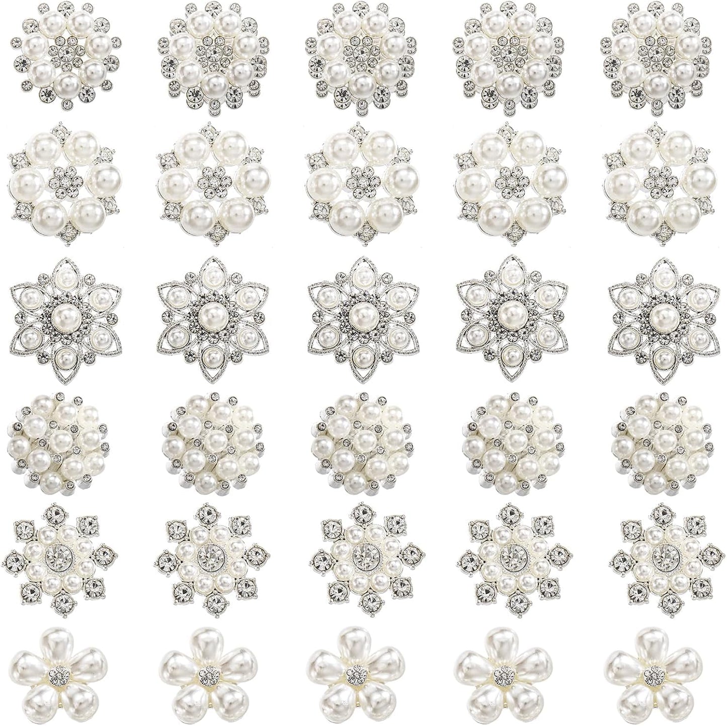 Frcctre 30 Pack Pearl Rhinestone Buttons, 6 Styles Embellishments Button Faux Pearl Button, Flat Back Flower Crystal Buttons for DIY Craft Jewelry Making Wedding Bridal Bouquet Party Home Decoration