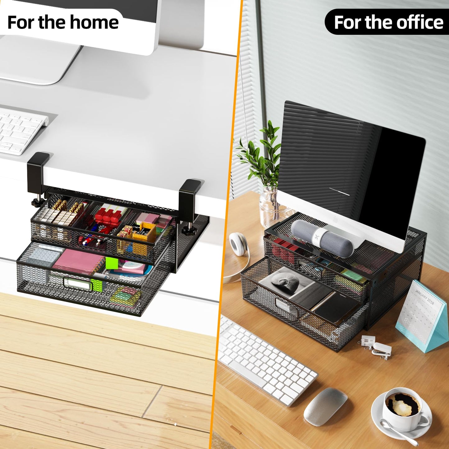 Cankm Under Desk Drawer Organizer No Drilling 2 Slide Out Drawer Under Desk Storage Drawer Clamp On Under Desk Management Drawer Organizer Suitable for Home and Office