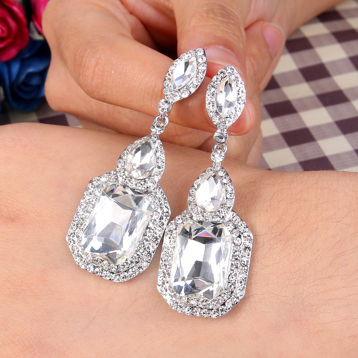 BriLove Wedding Bridal Dangle Earrings for Women Emerald Cut Crystal Infinity Figure 8 Chandelier Jewelry Clear Silver-Tone