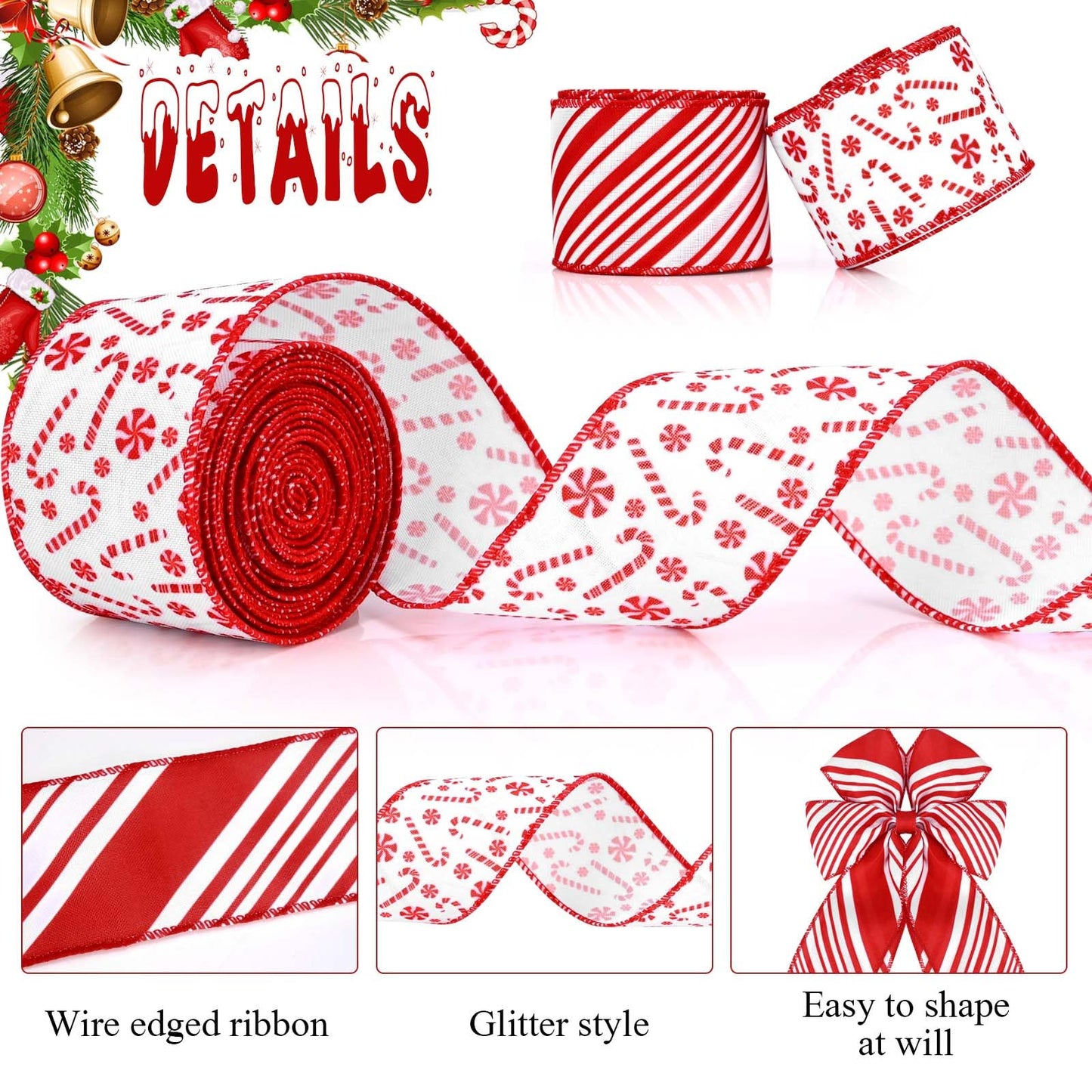 2 Rolls 12 Yards Christmas Candy Cane Wired Edge Ribbons Red White Stripes Burlap Fabric Craft Ribbons for Xmax Craft Wreath Bow Making Gift Wrapping Christmas Tree Decoration Supplies, 2.5 Inch